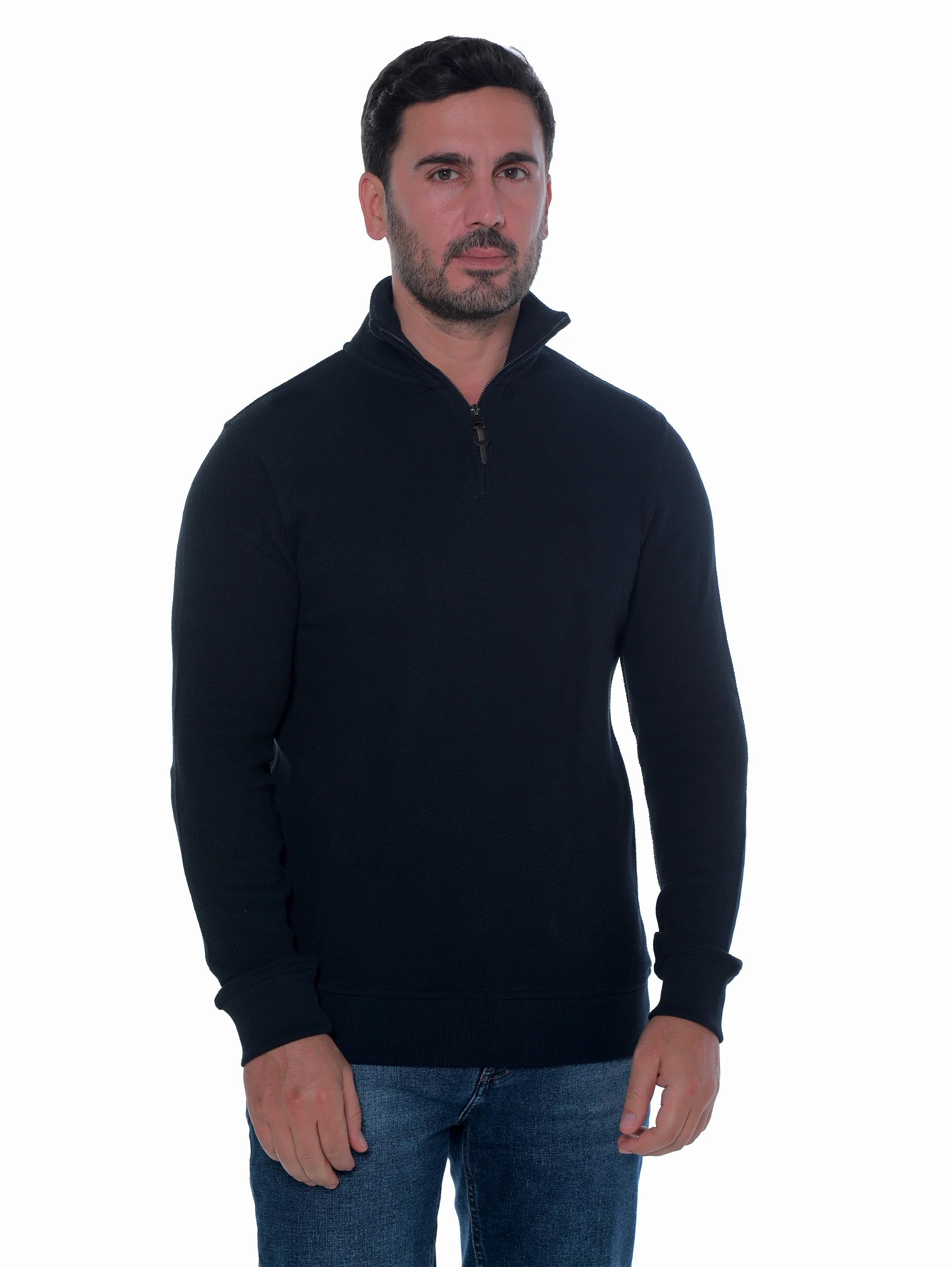Navy Pullover With Stand Up Collar