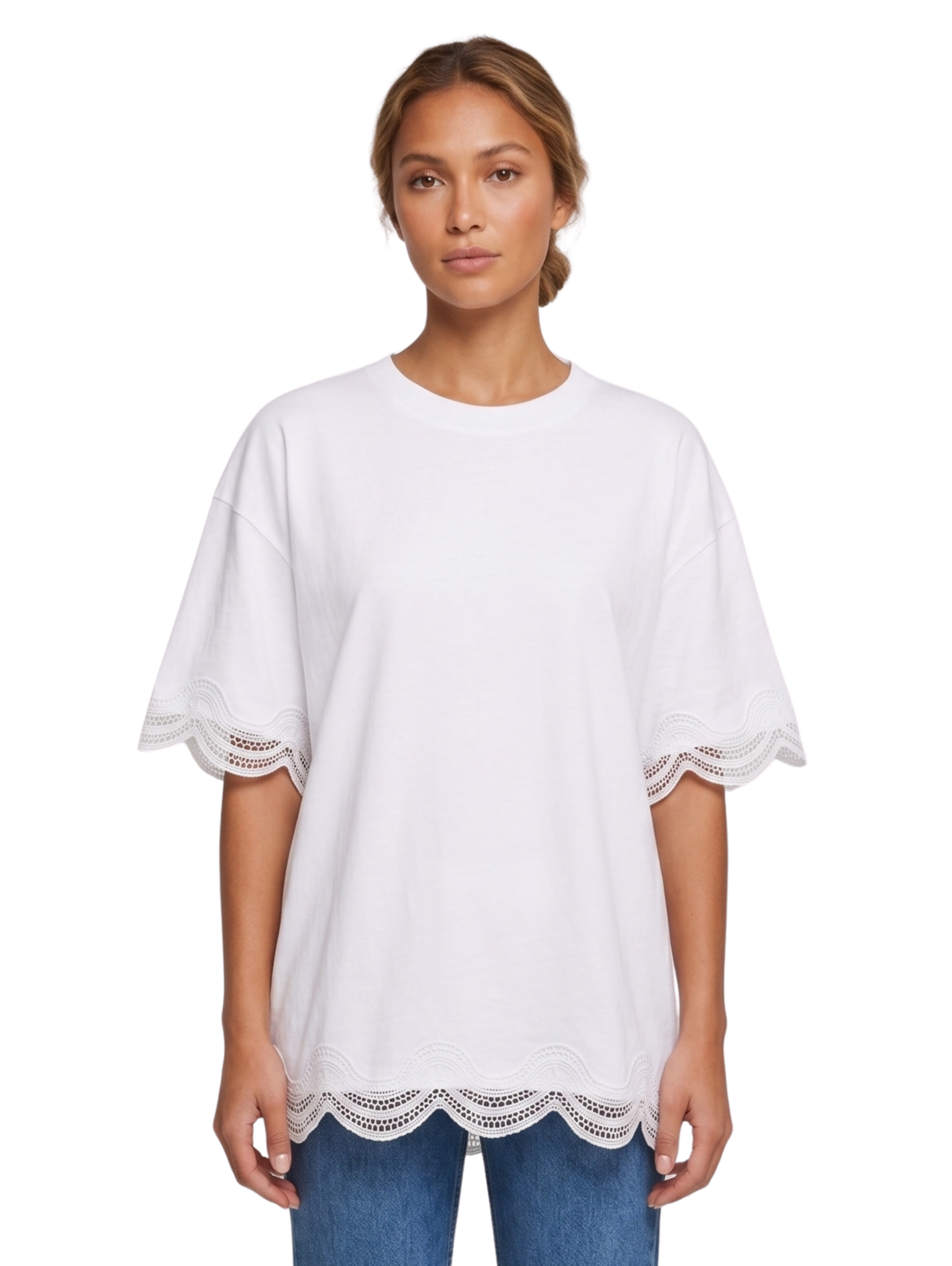 Off White Round Neck T-Shirt With Lace Design