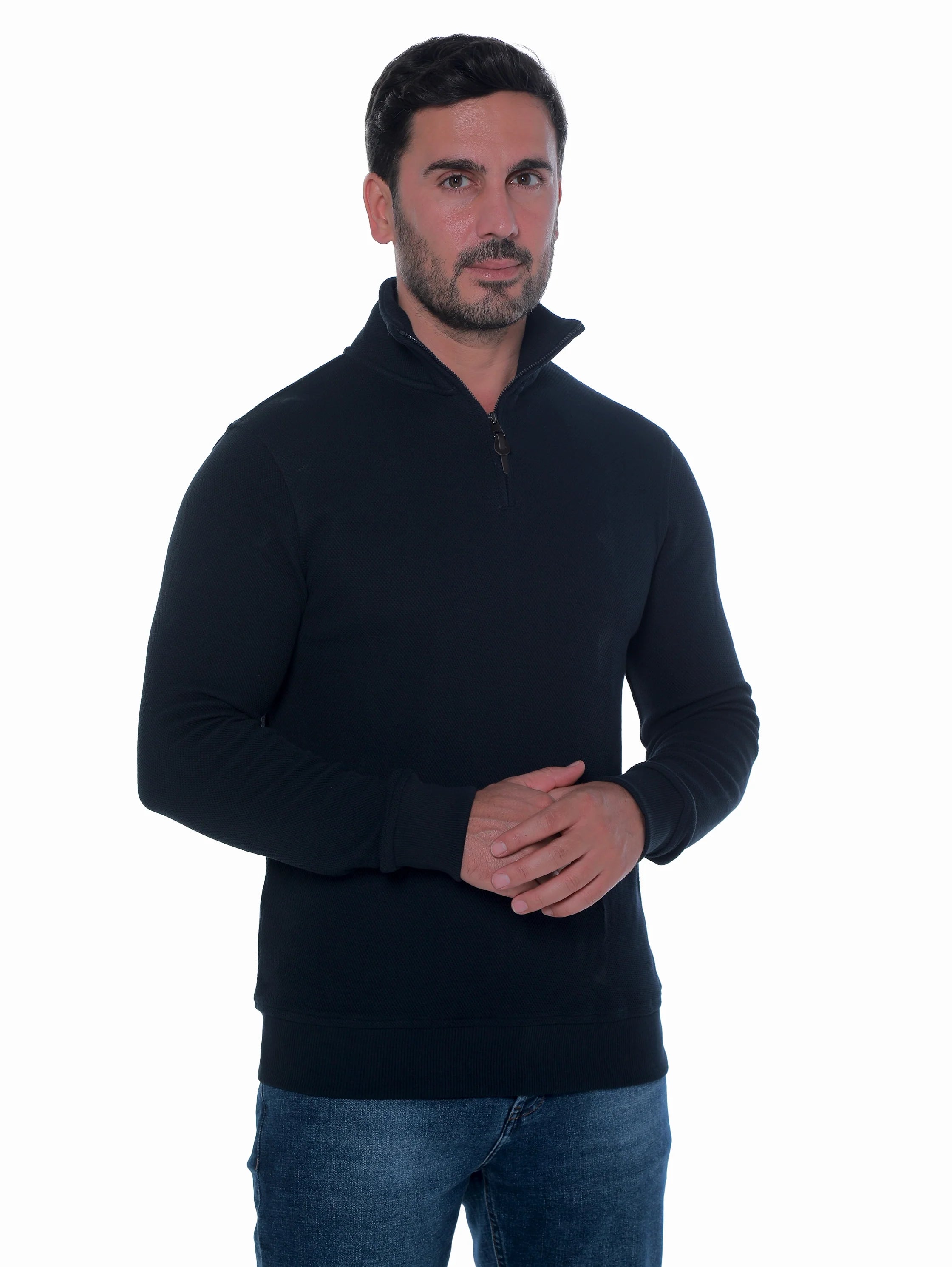 Navy Pullover With Stand Up Collar