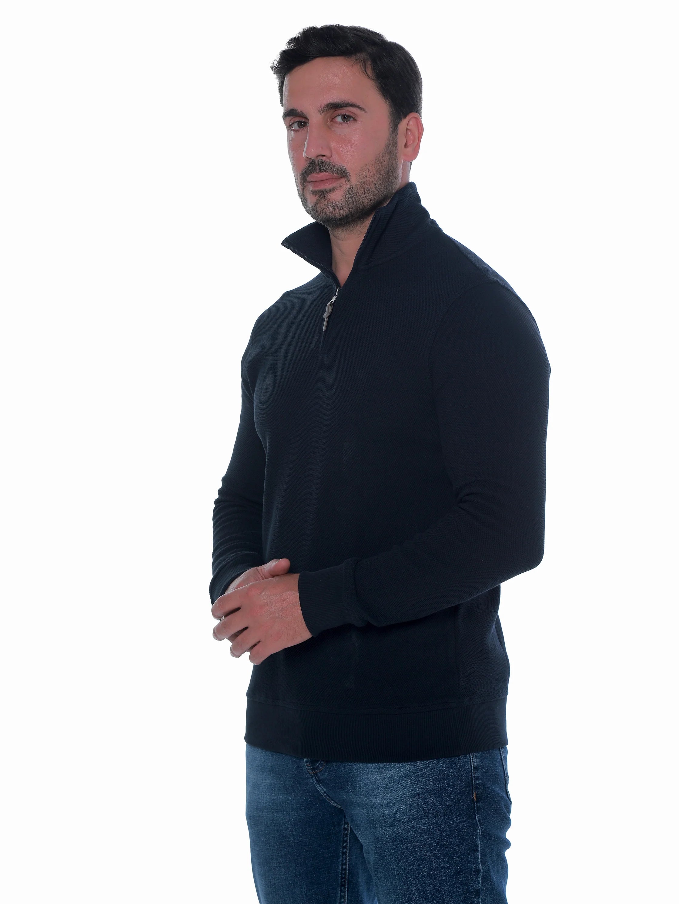 Navy Pullover With Stand Up Collar