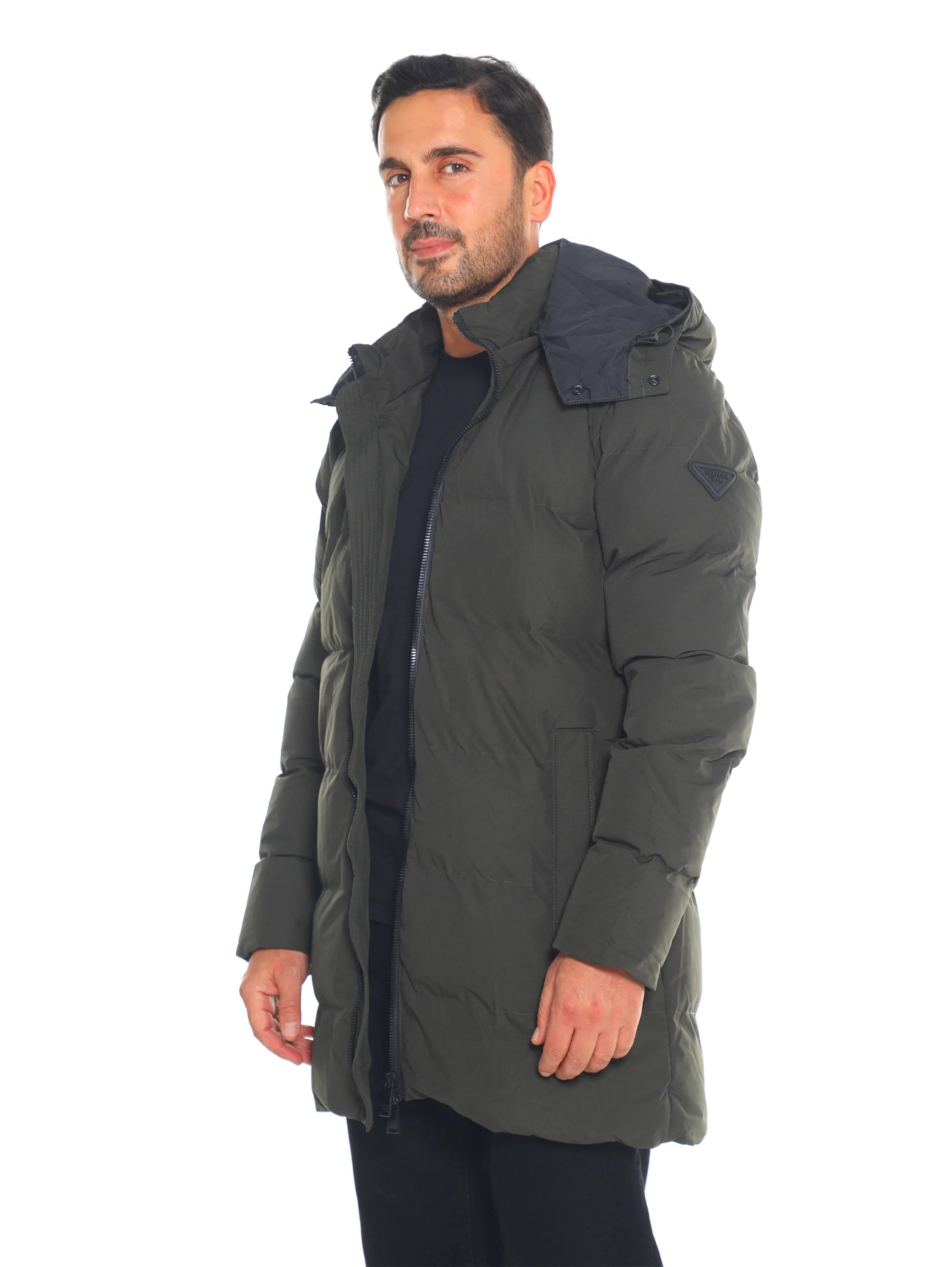 Khaki Padded Quilted Long Jacket With Zipper To Close