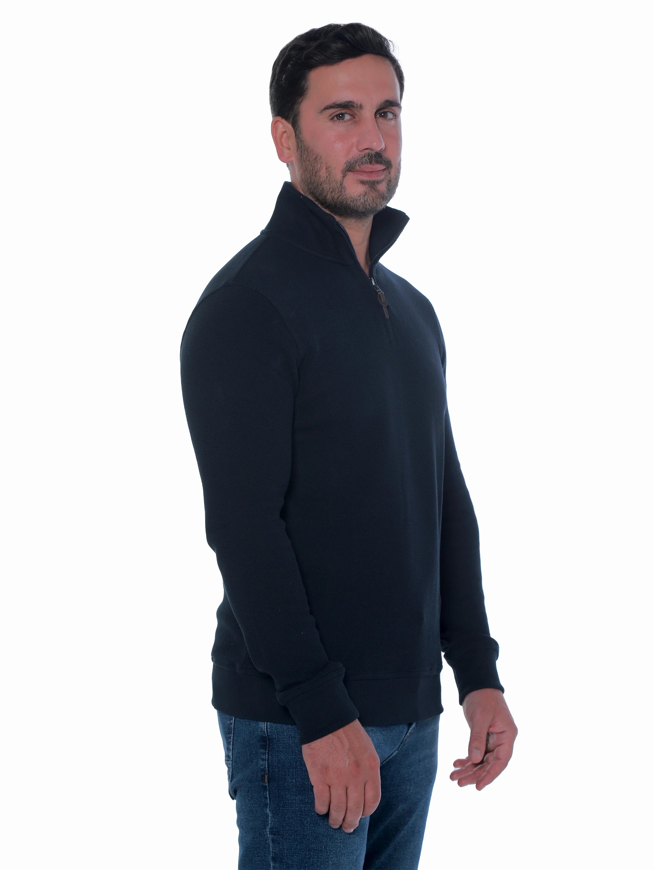 Navy Pullover With Stand Up Collar