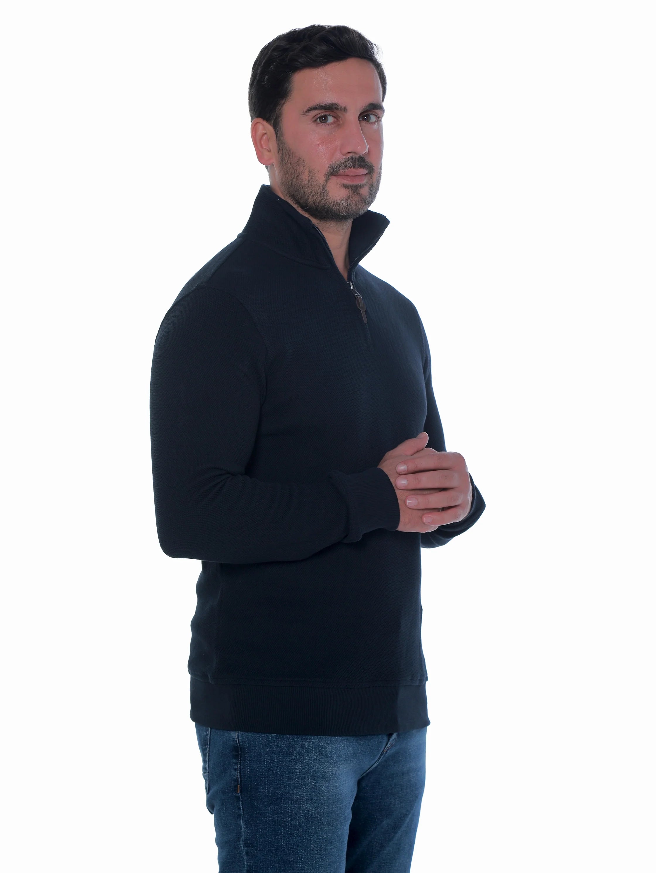 Navy Pullover With Stand Up Collar