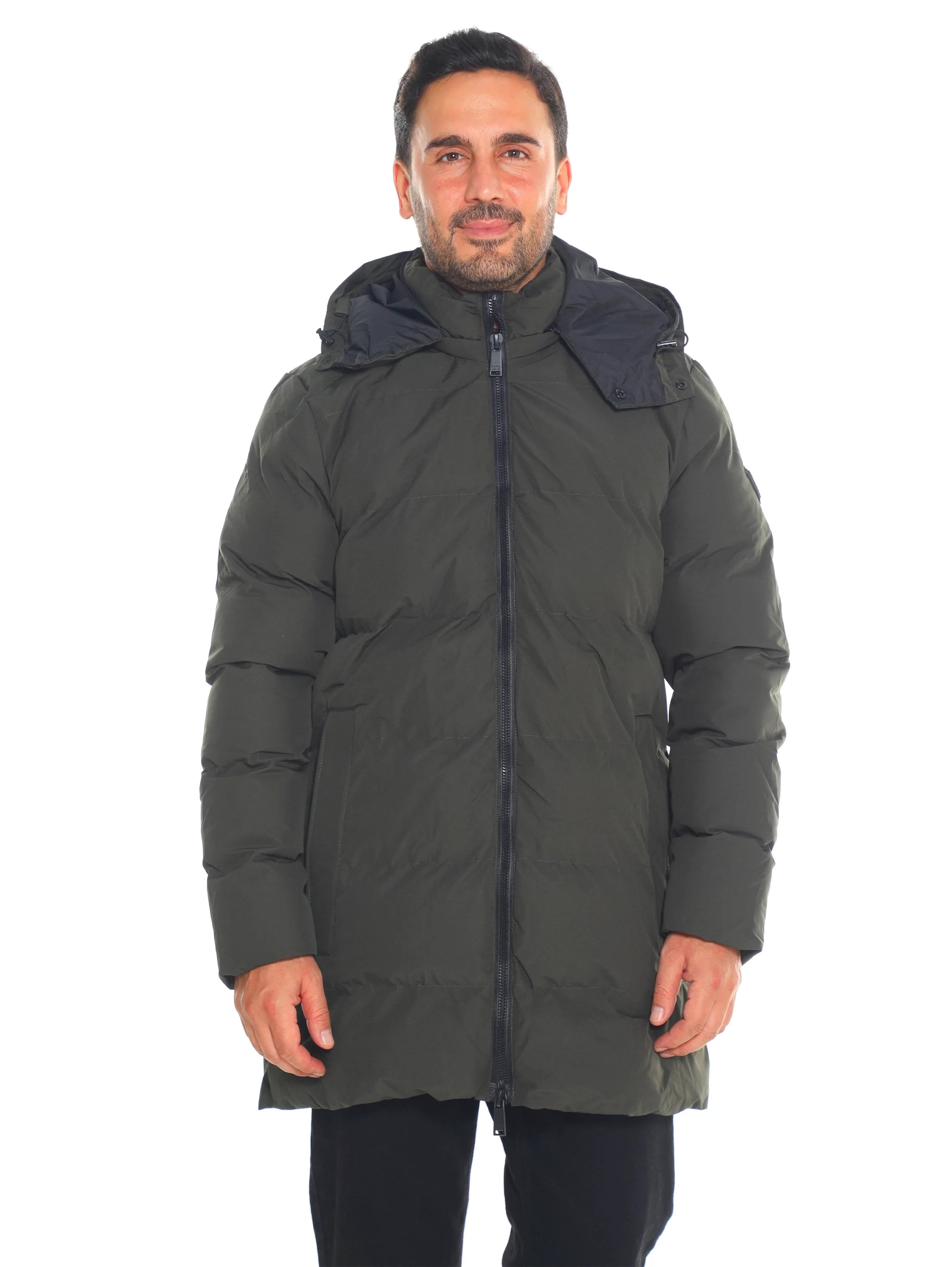Khaki Padded Quilted Long Jacket With Zipper To Close