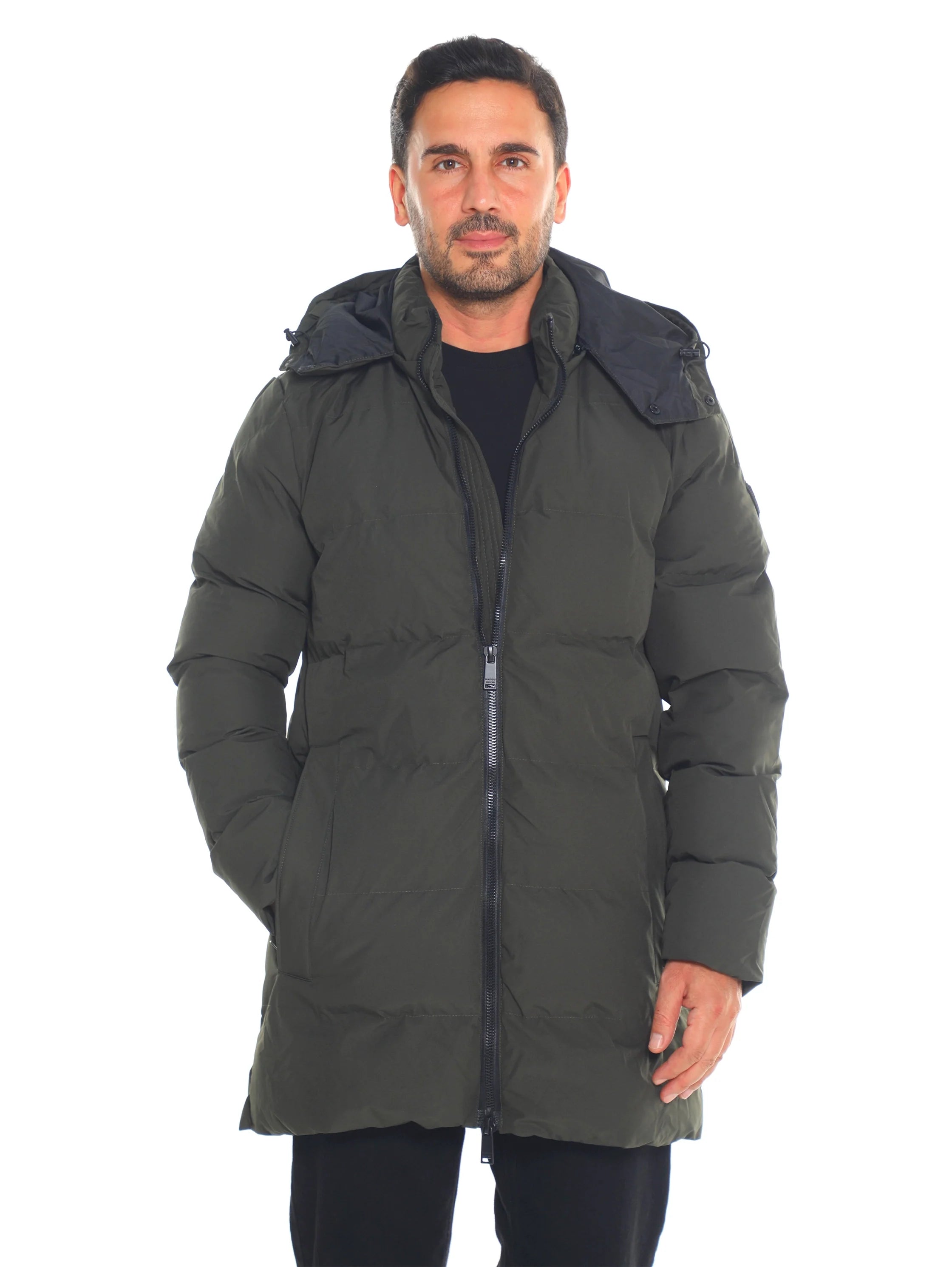Khaki Padded Quilted Long Jacket With Zipper To Close