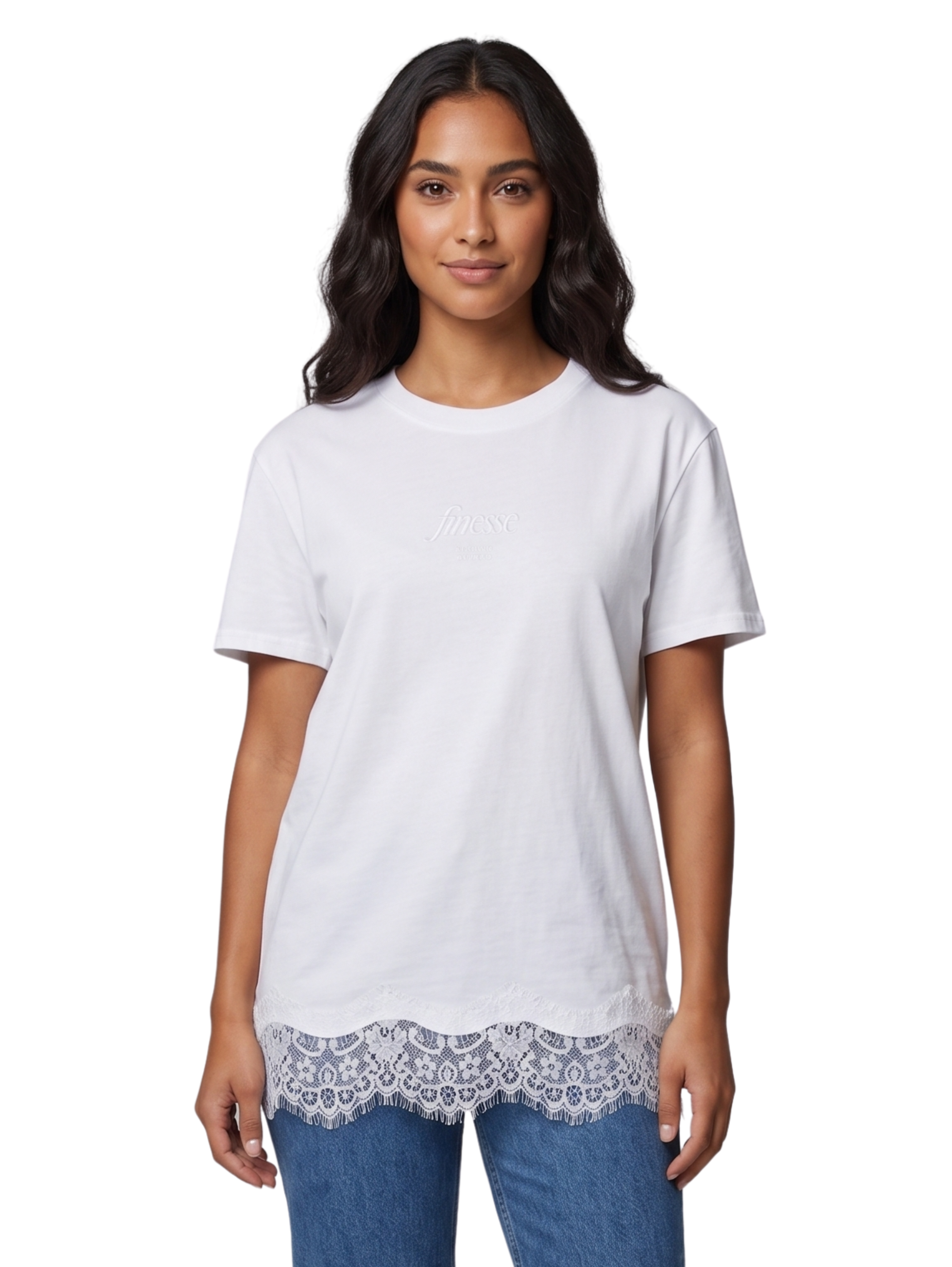 White Round Neck T-Shirt With Floral Lace Design