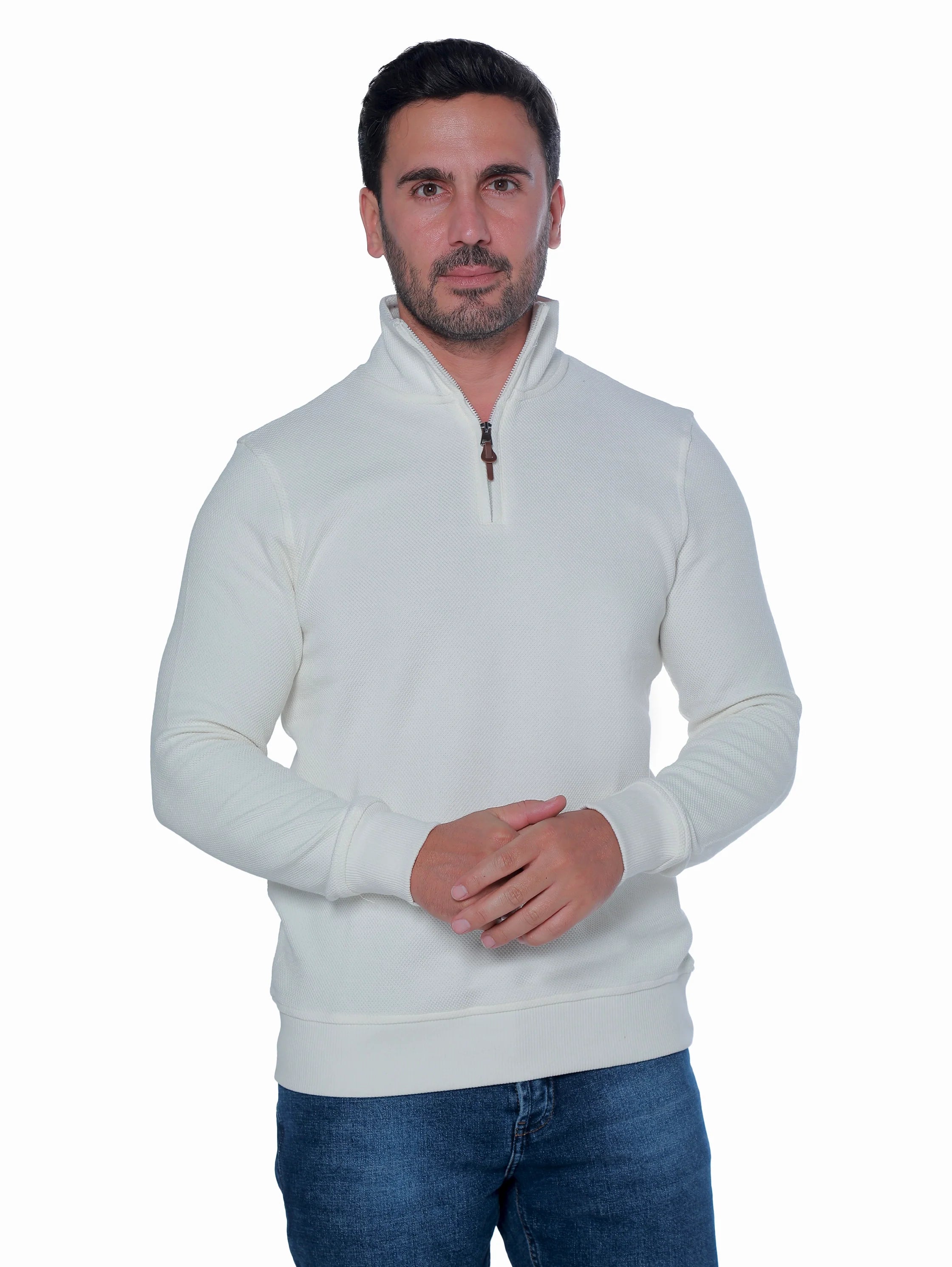 White Pullover With Stand Up Collar