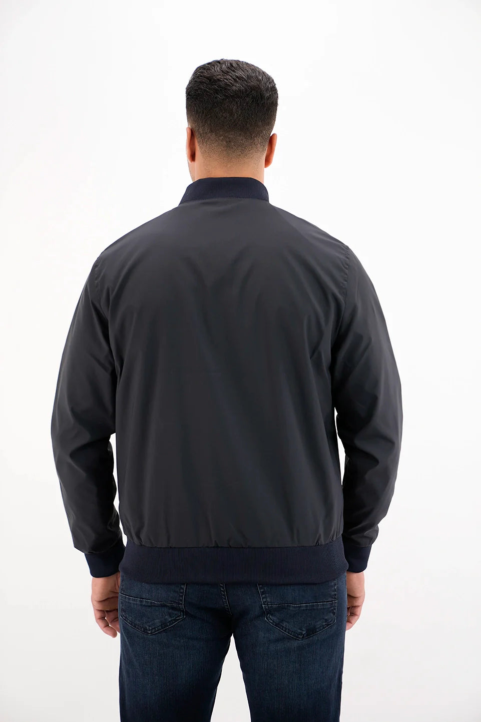 Navy Bomber Jacket With Zipper To Close