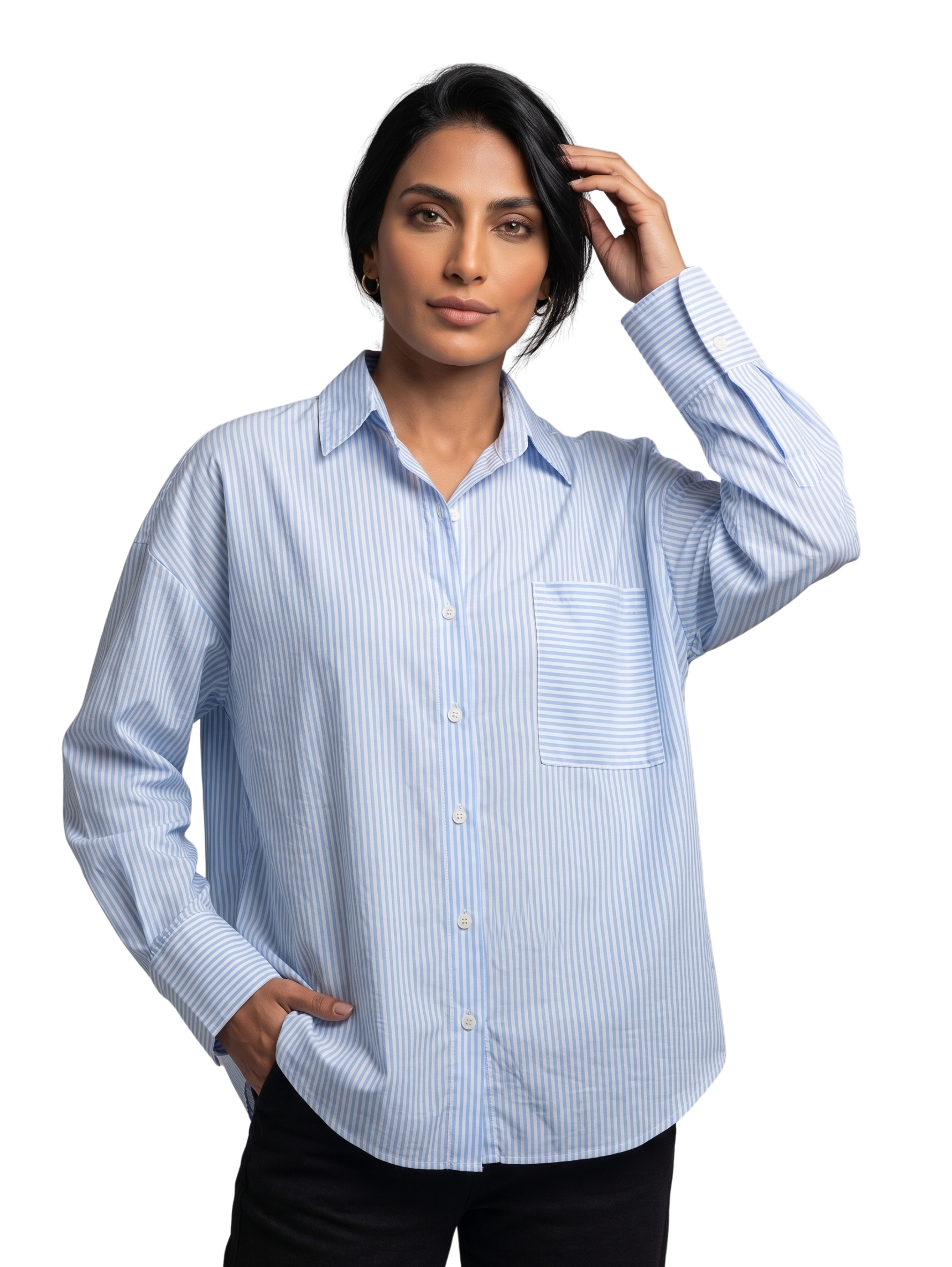 Blue Oversized White Striped Shirt With Side Pocket