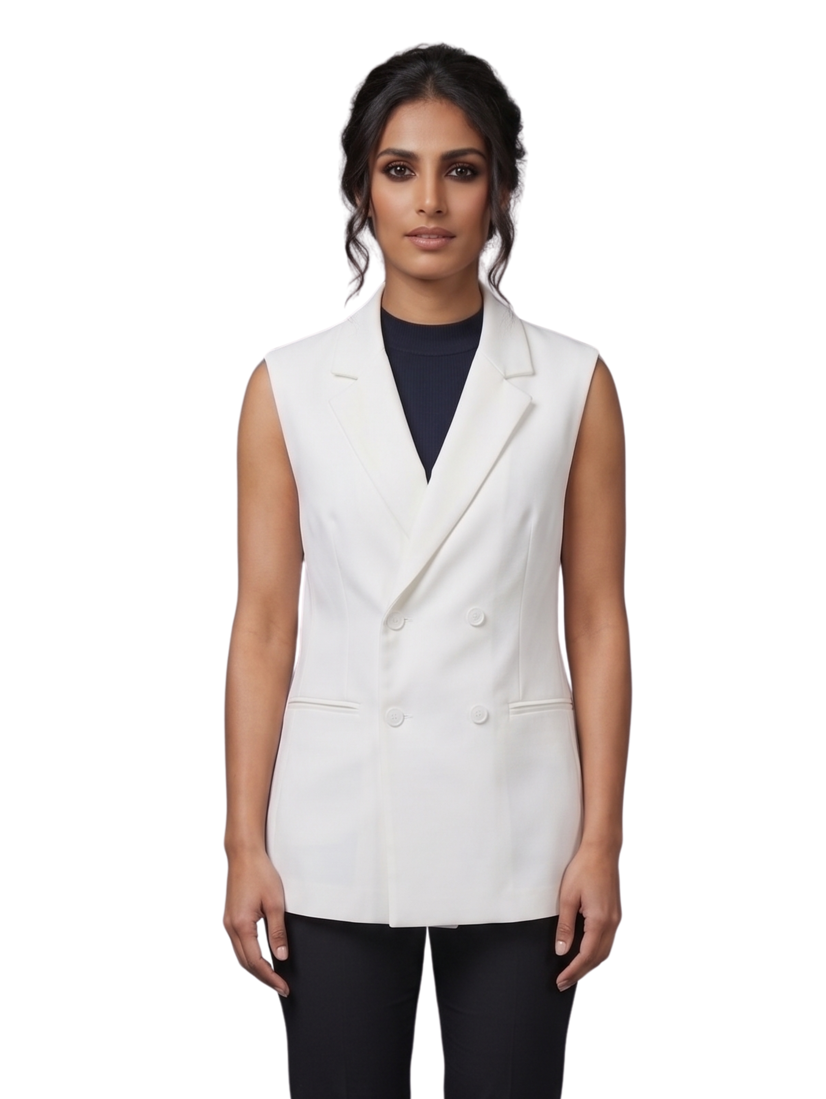 Off White Sleeveless Longline Blazer Vest