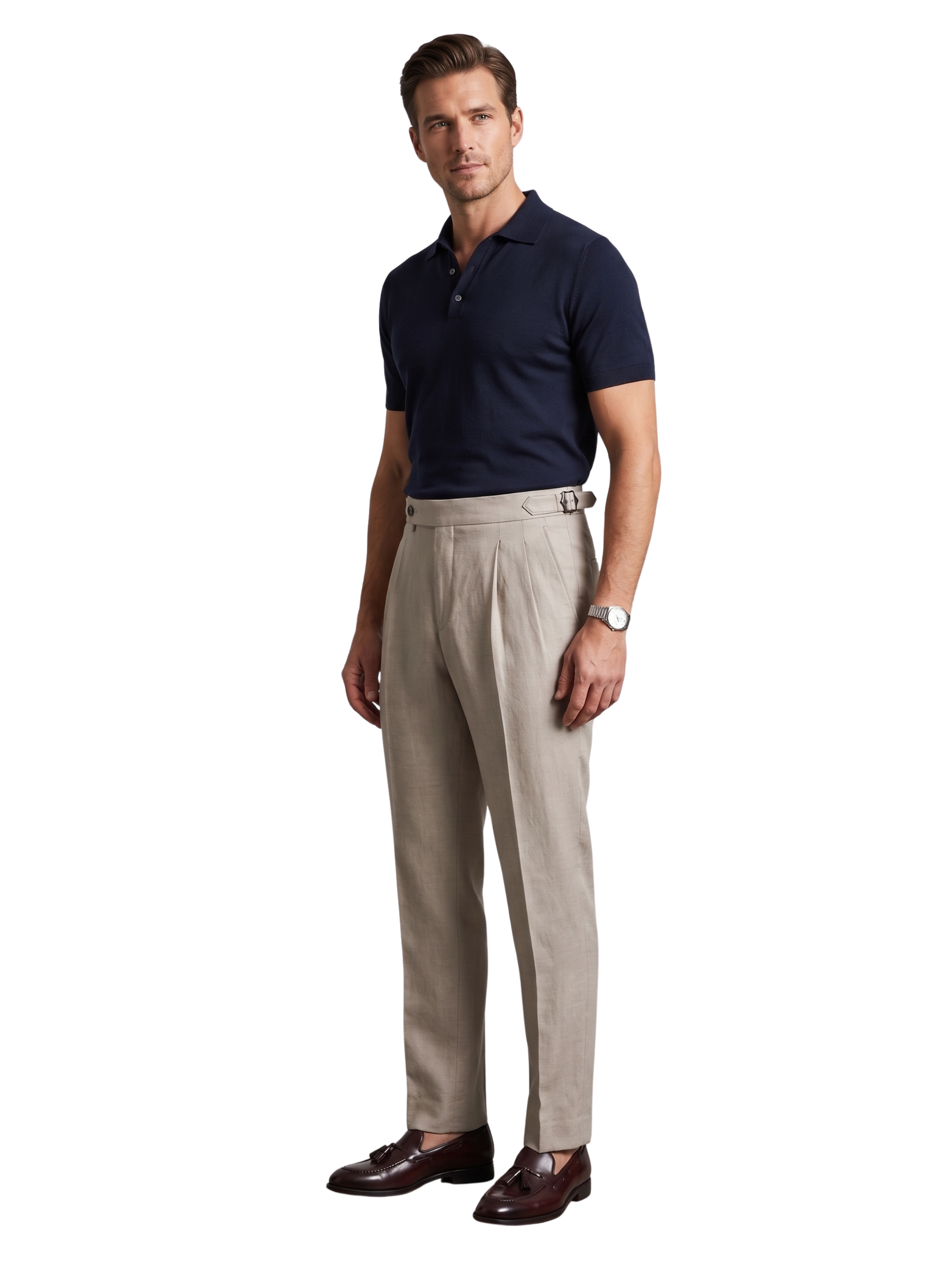 Beige High Waistband Pants With A Buttoned Tab Closure & Side Buckles