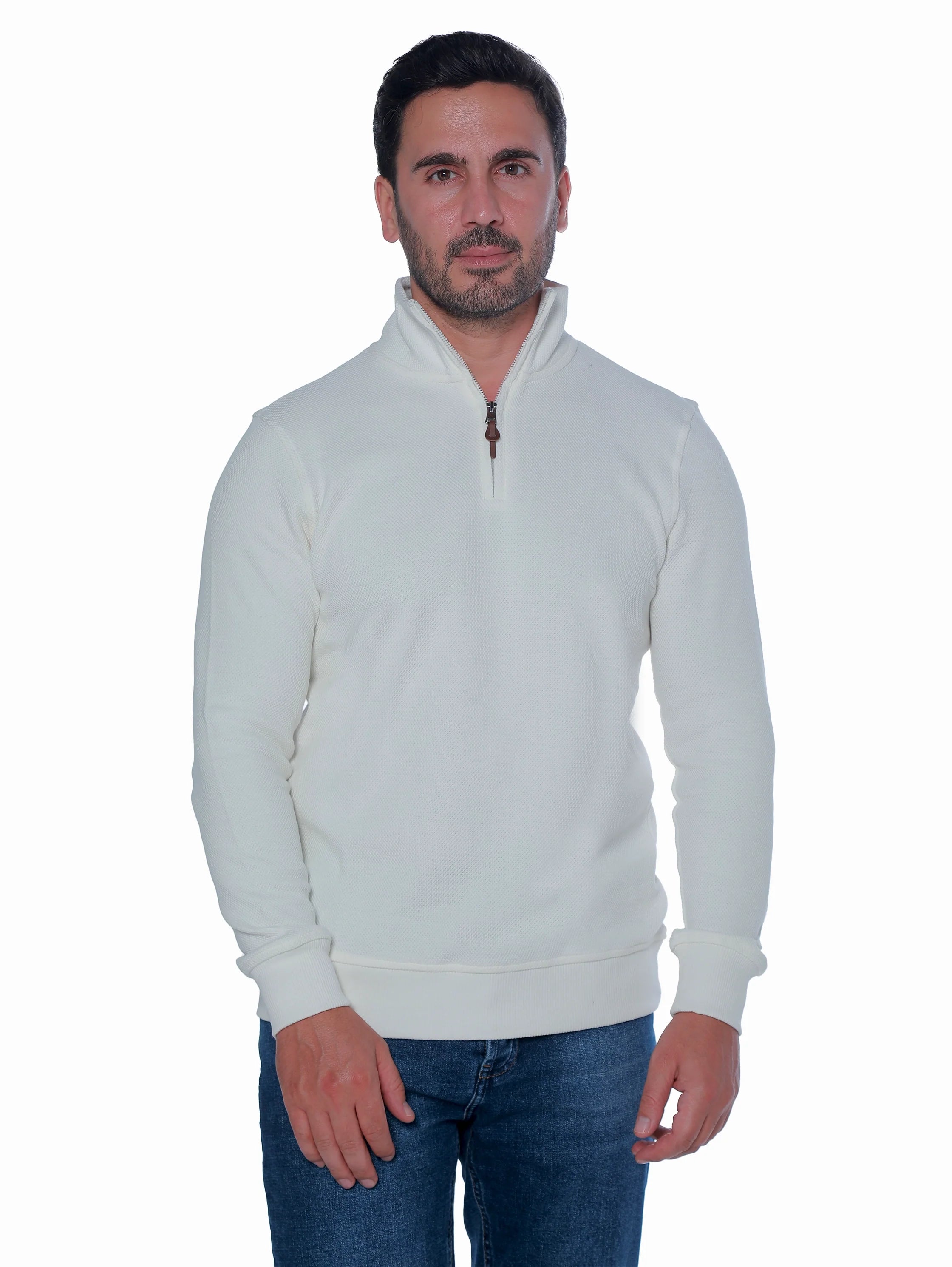 White Pullover With Stand Up Collar