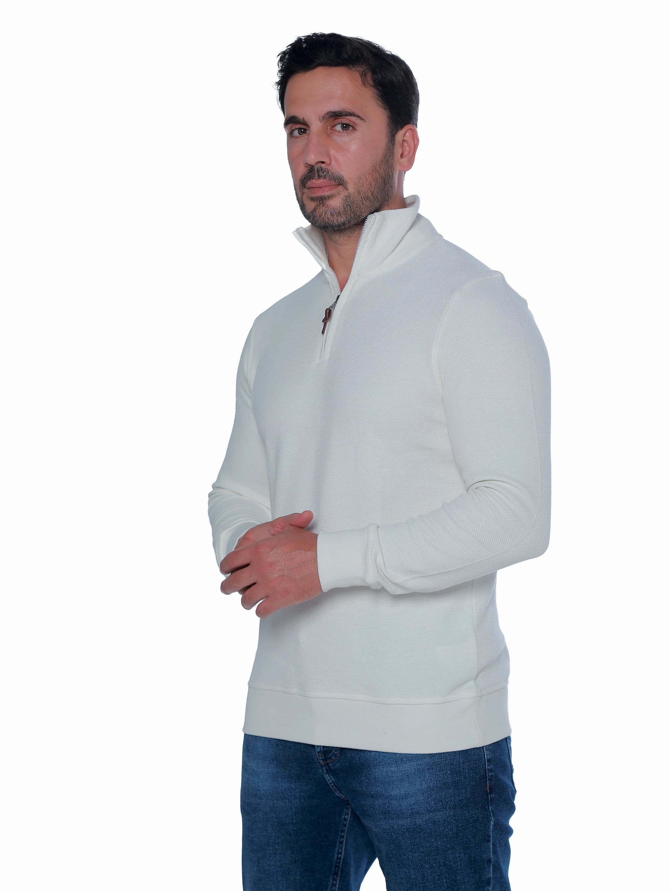 White Pullover With Stand Up Collar
