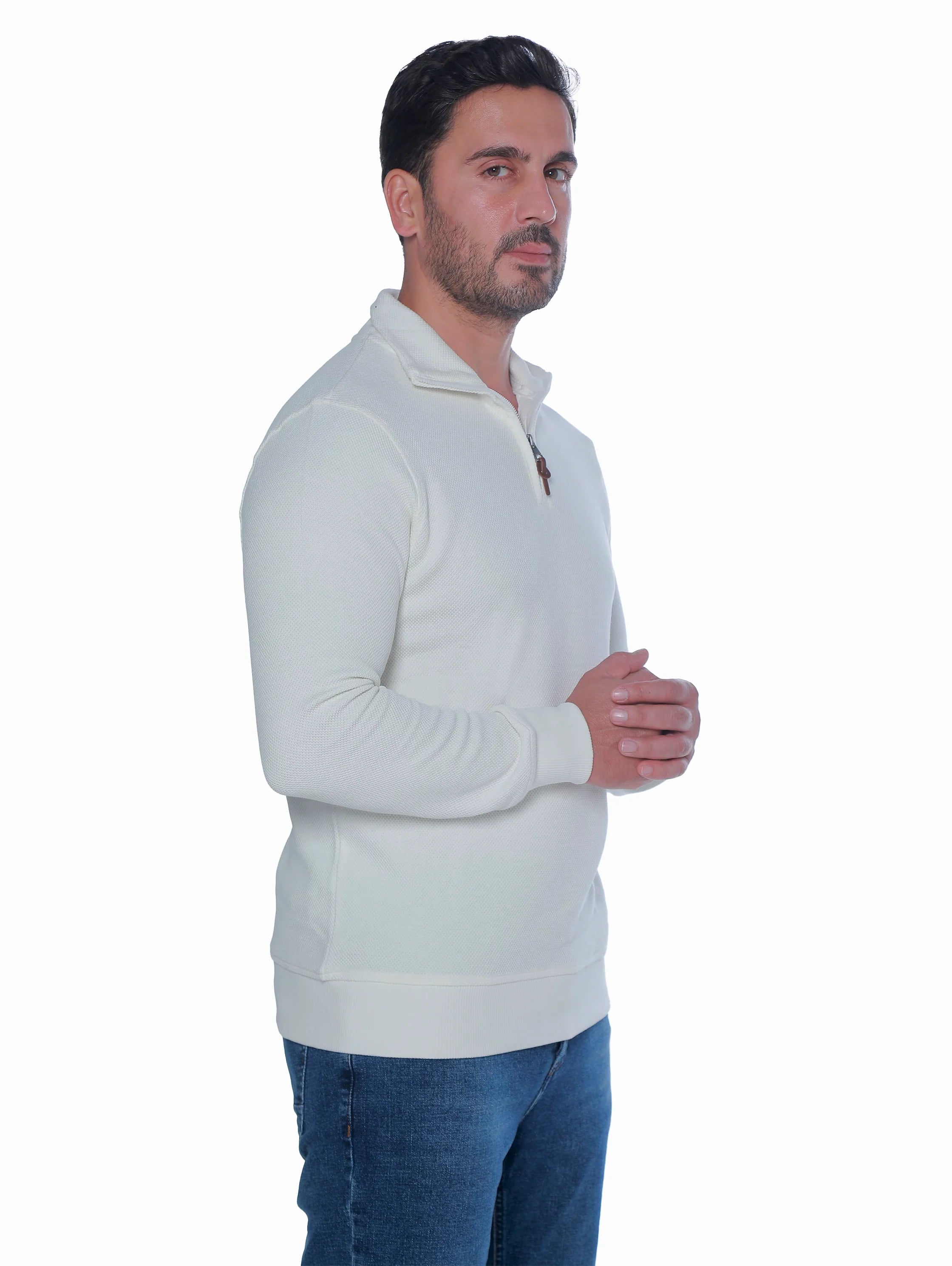 White Pullover With Stand Up Collar