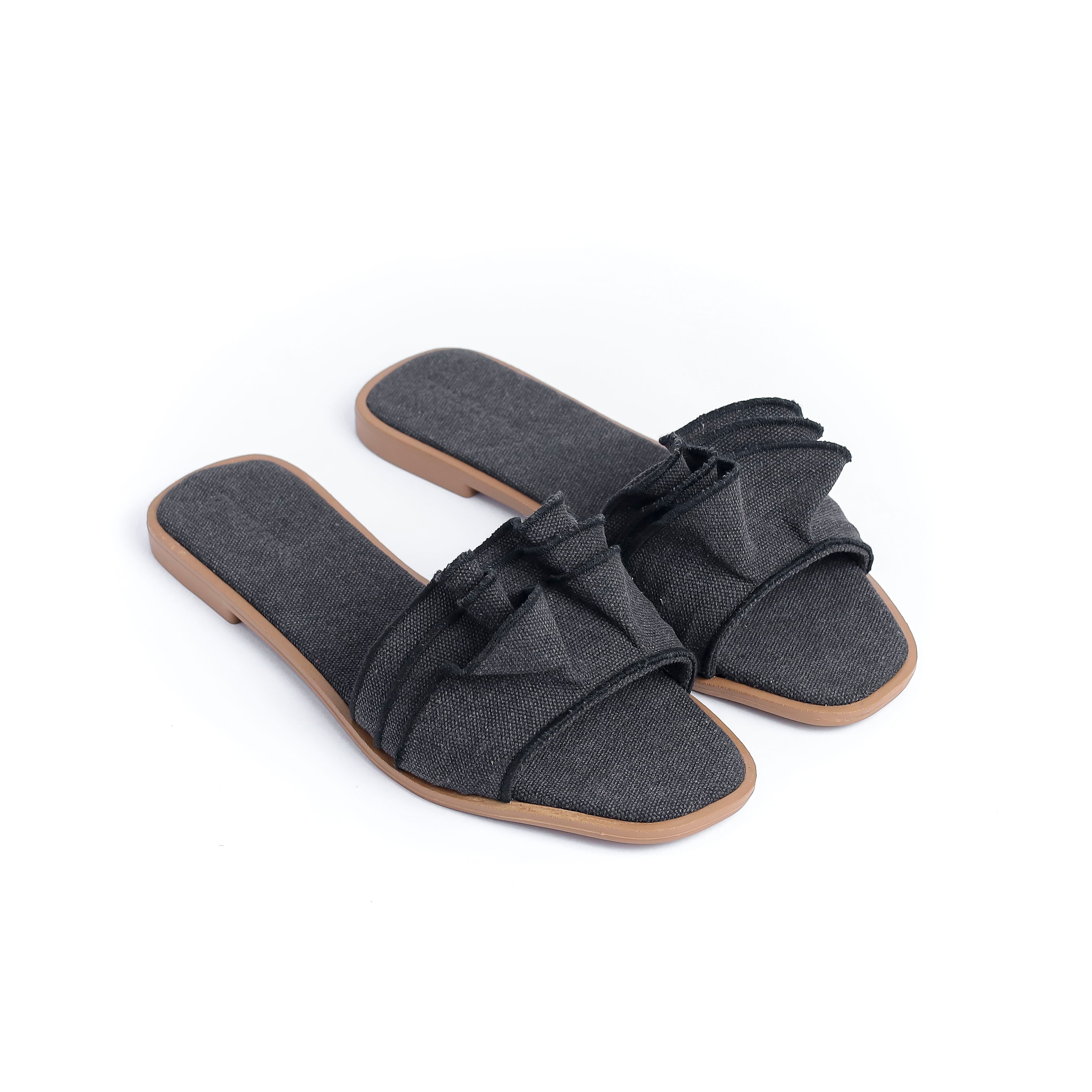 Flat Black Slipper With Design