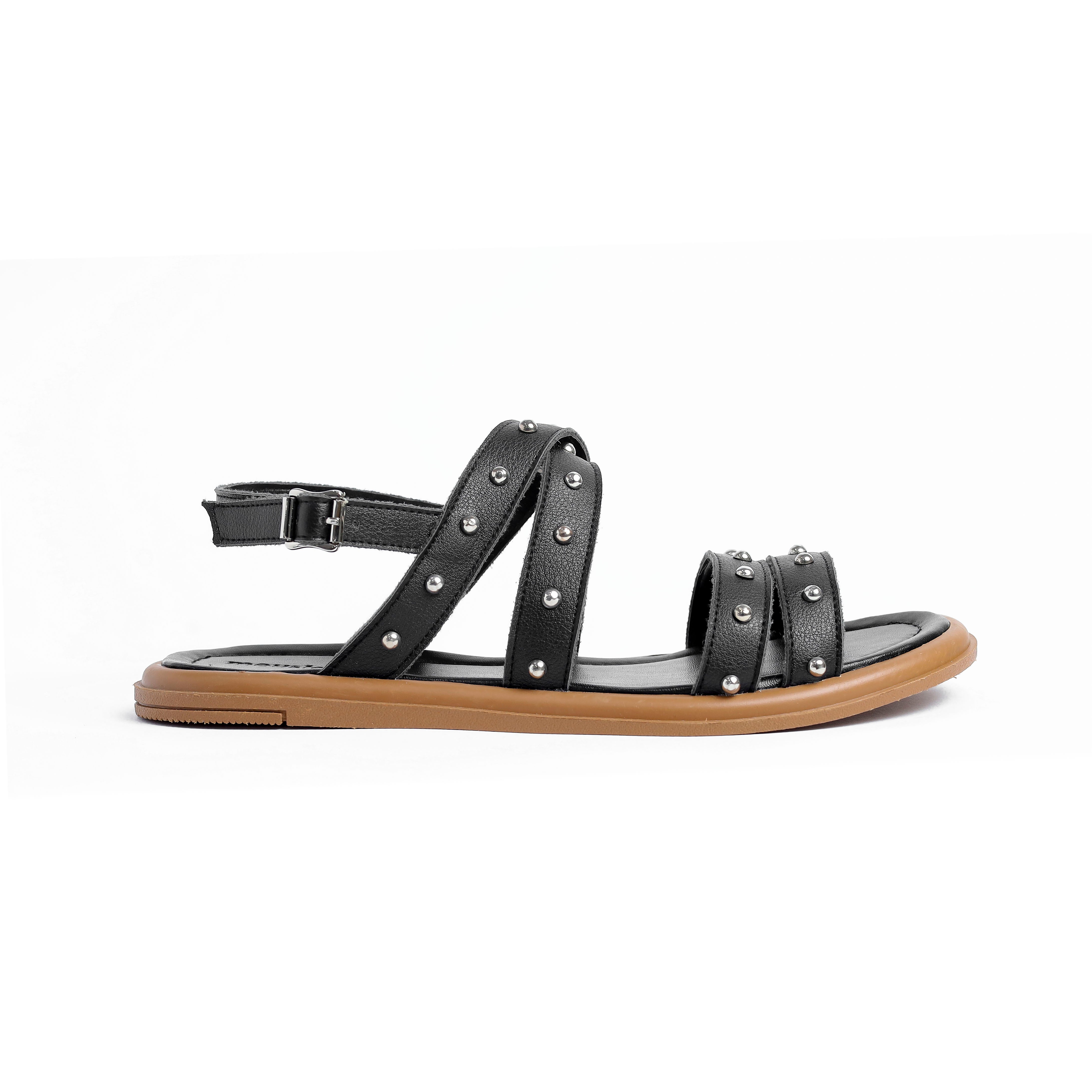 Flat Black Sandal With Camel Insole