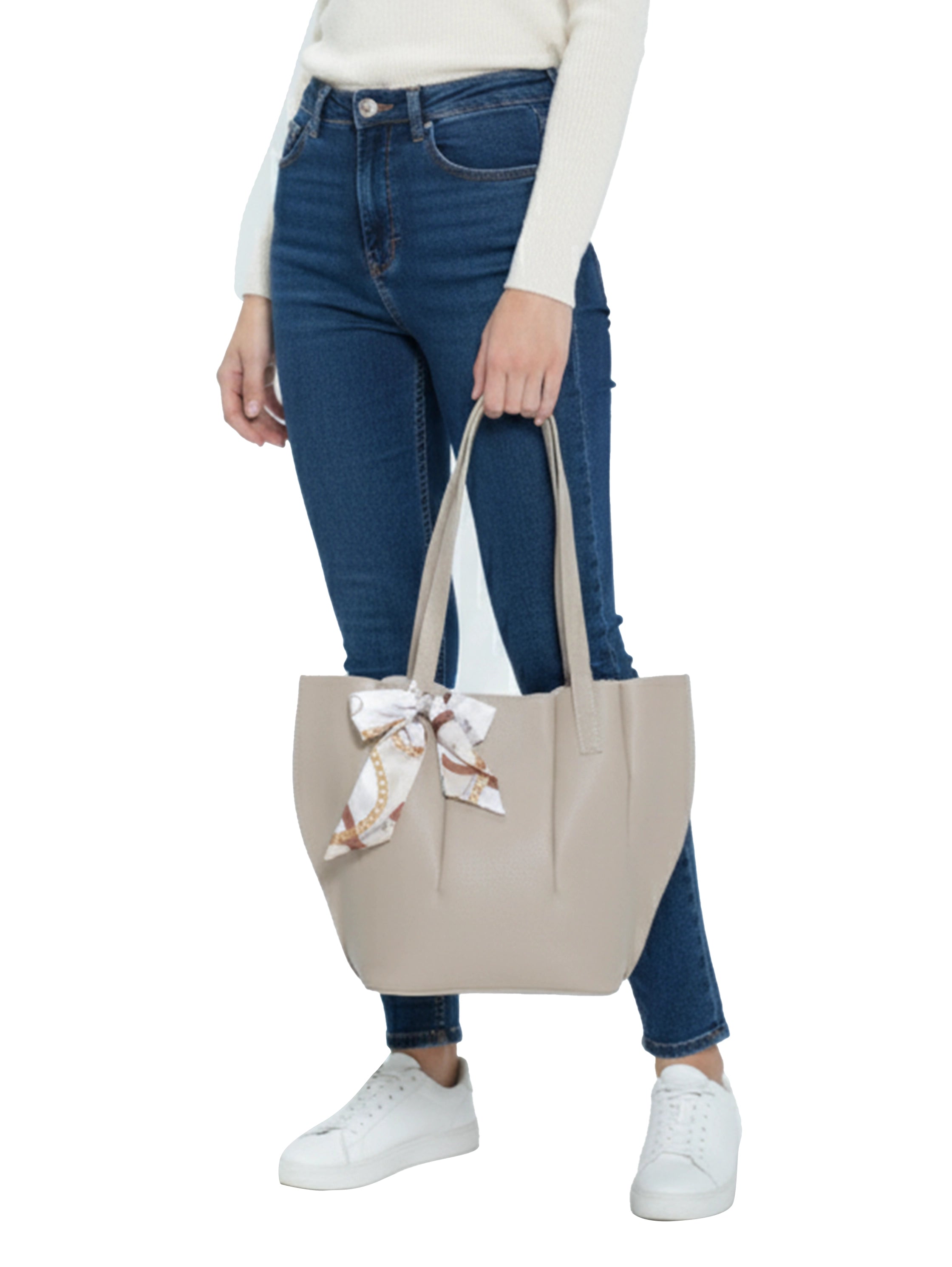 Elegant Beige Leather Handbag With Printed Tiny Scarf