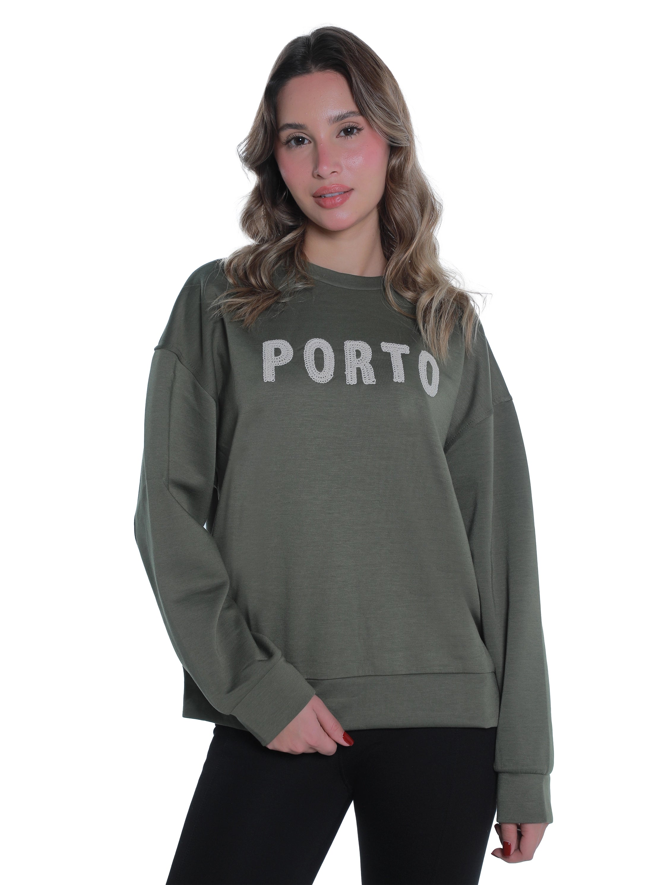 Round Neck Olive Sweater With "Porto" Front Design