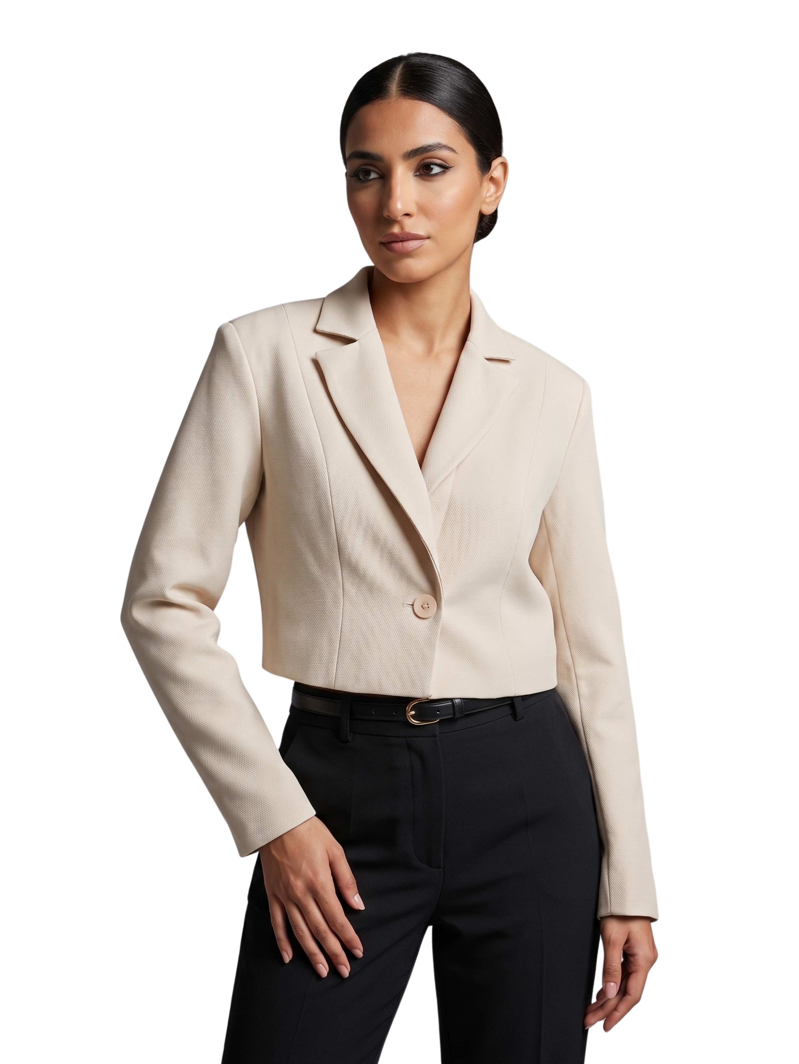 Beige Cropped Blazer With Singel Button Closure & Notched Lapel Collar