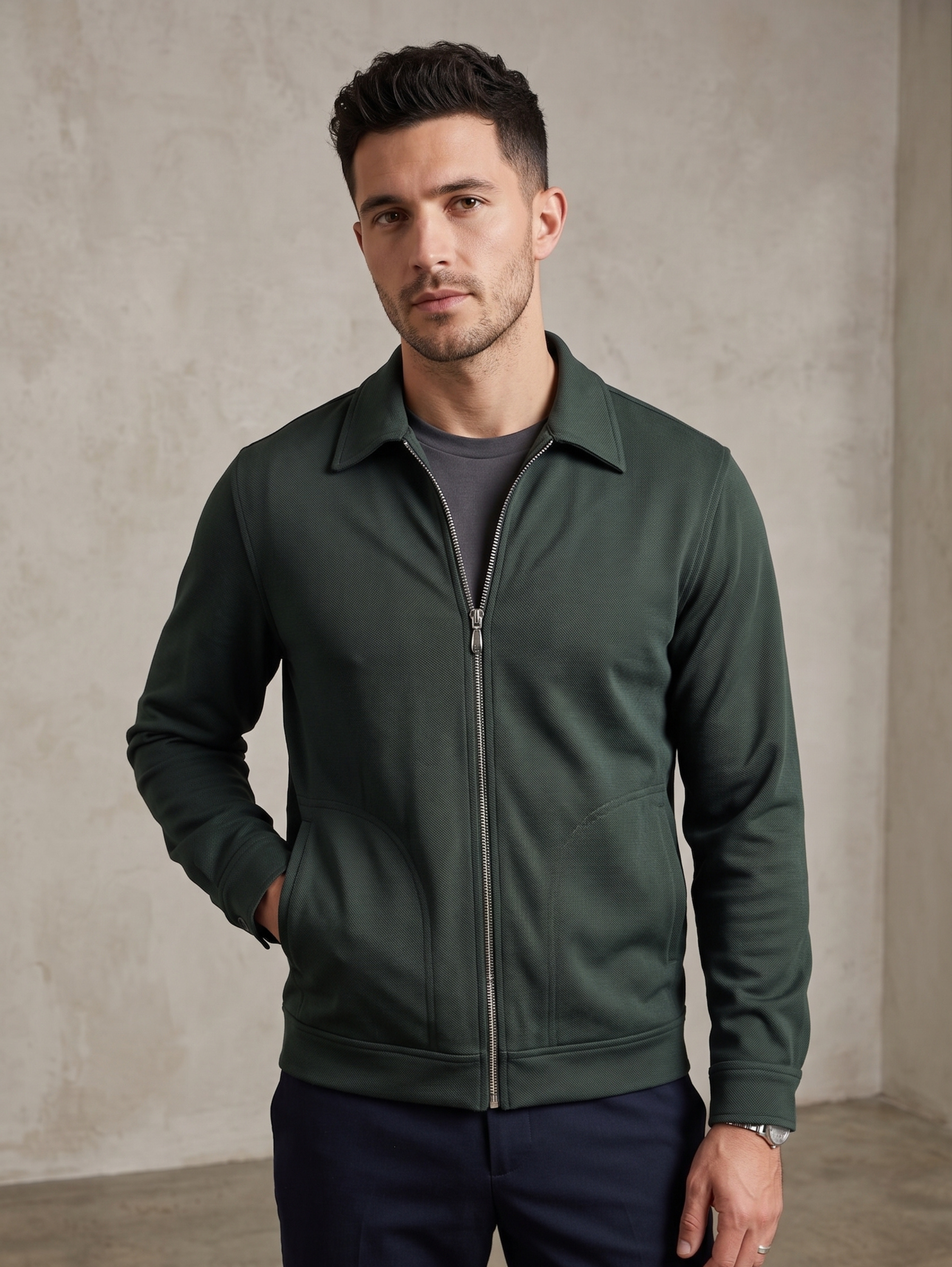 Casual Dark Green Zip Up Jacket With Collar & Buttoned Cuffed