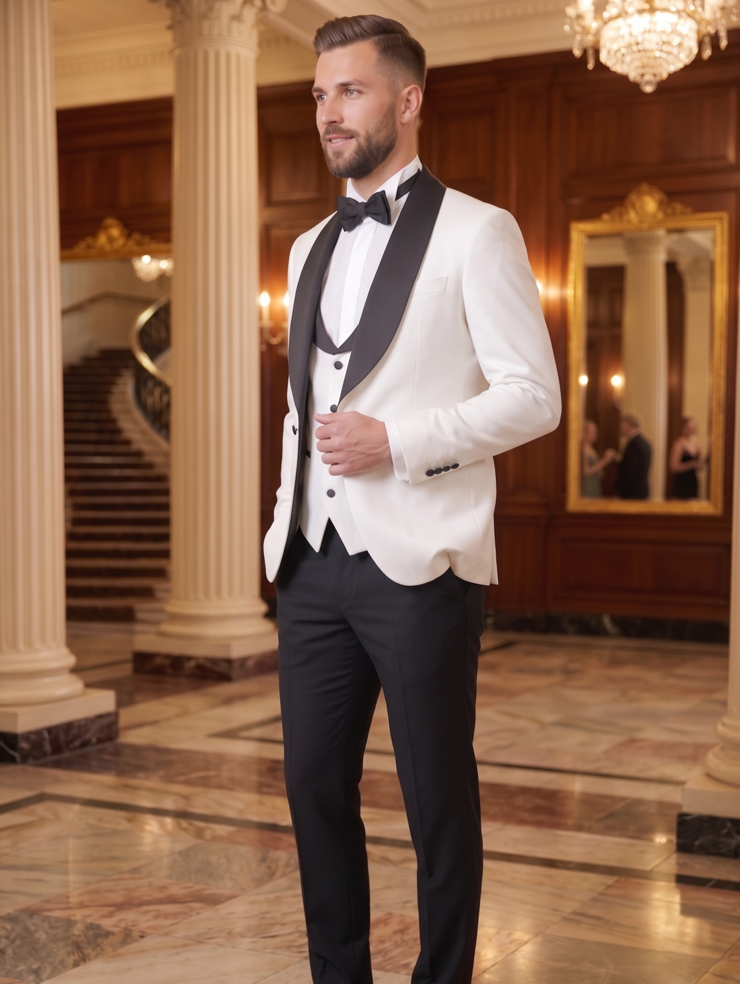Classic White & Black Three Piece Tuxedo Suit