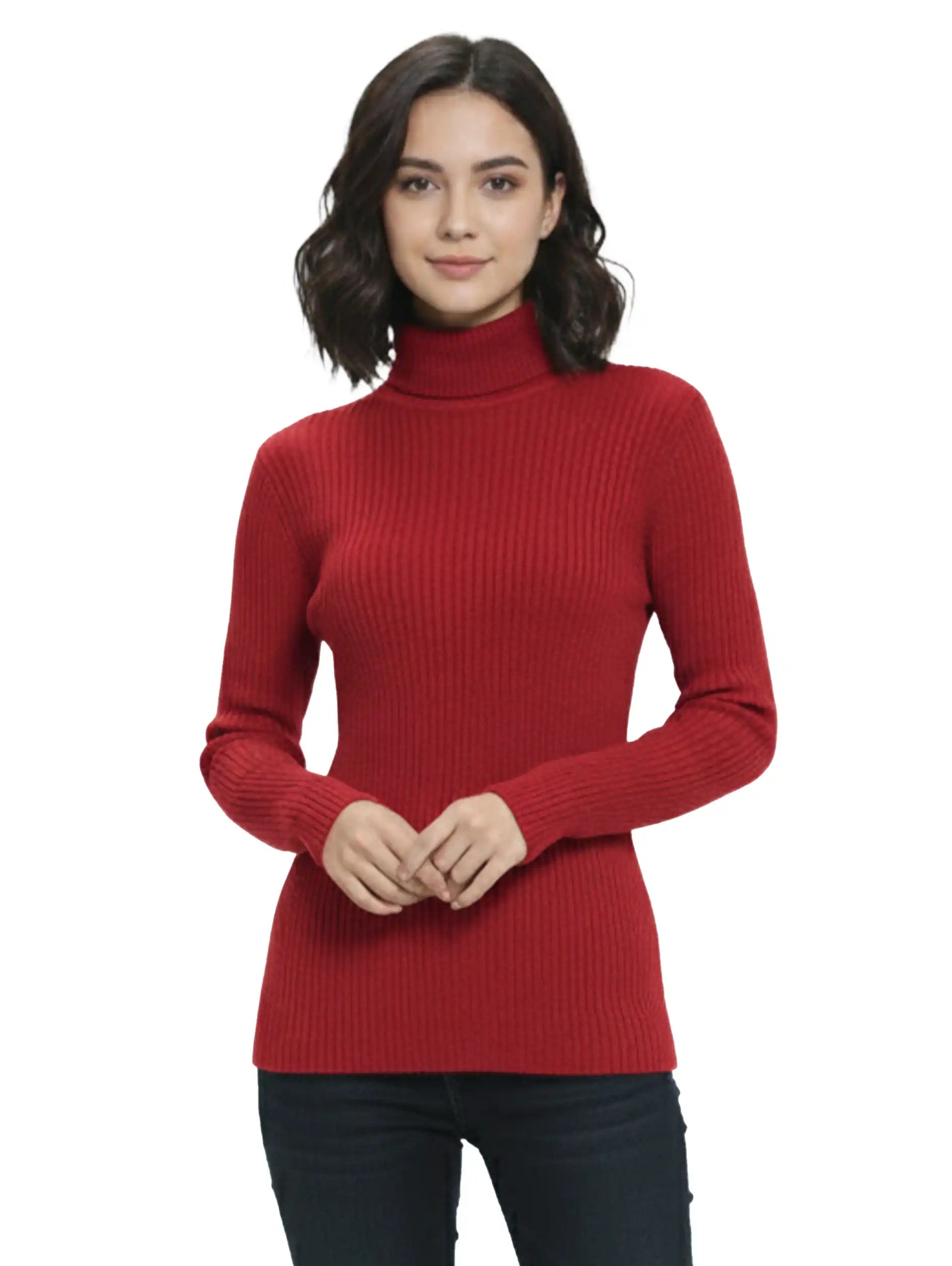 Red Ribbed High Neck Sweater
