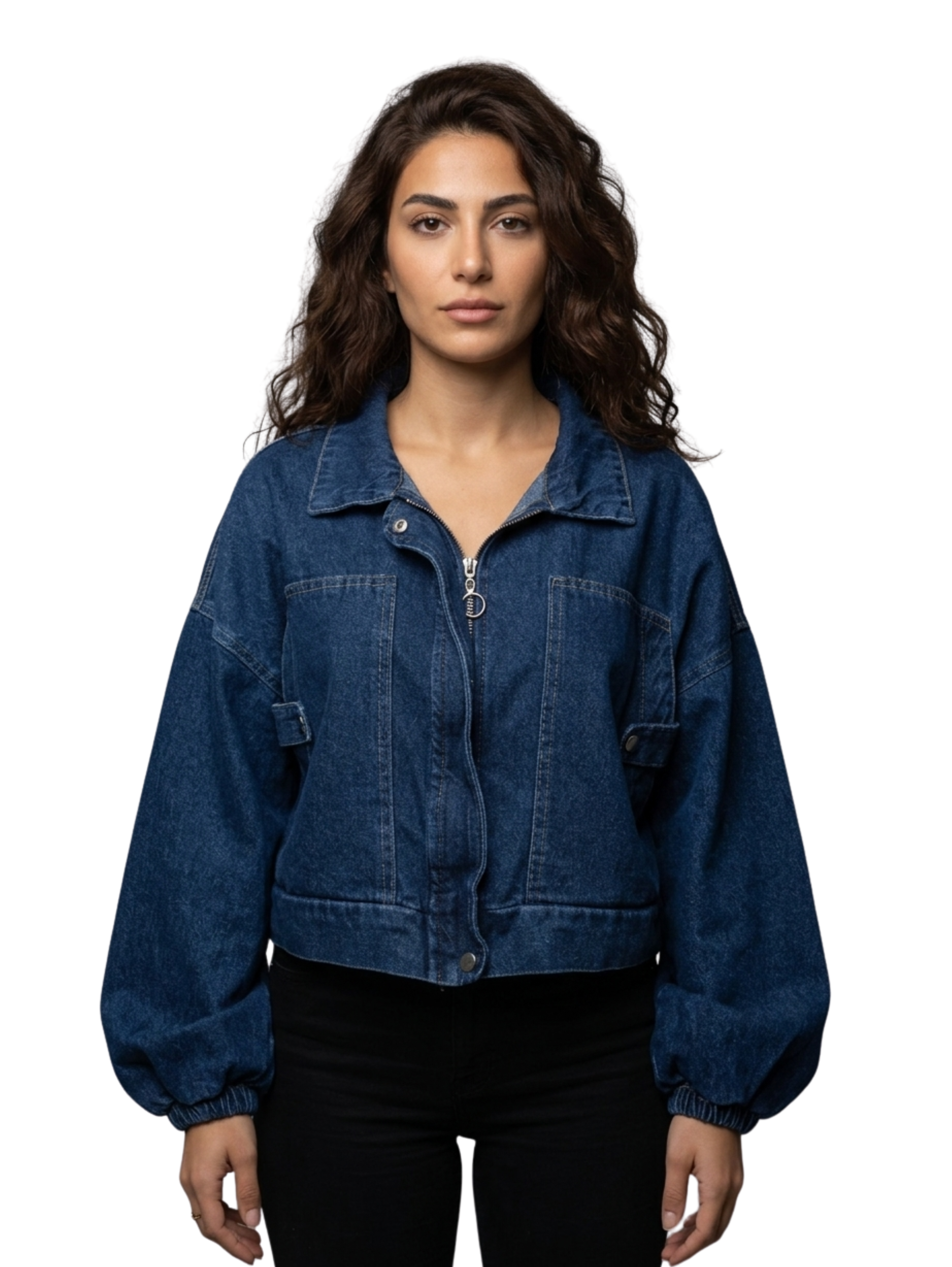Dark Blue Cropped Causal Denim Jacket With Front Zipper & Slouchy Drop Shoulder