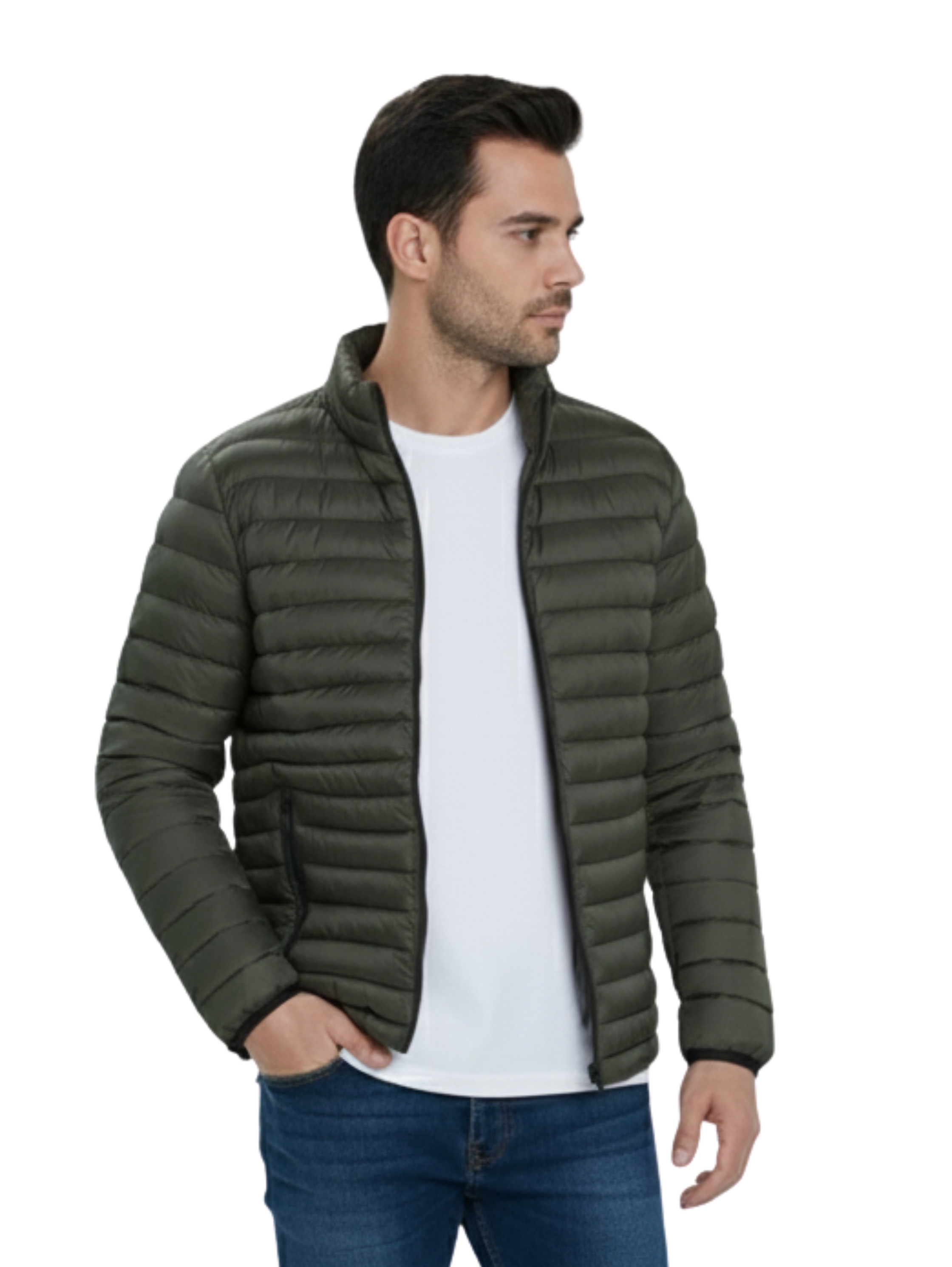Olive Padded Puffer Jacket With Zipper to Close