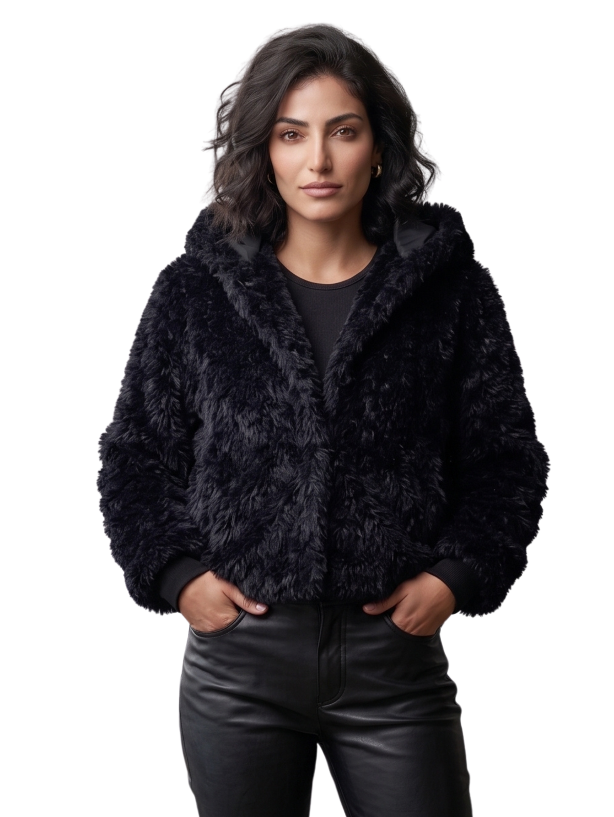 Black Shaggy Fur Hooded Zip Up Jacke