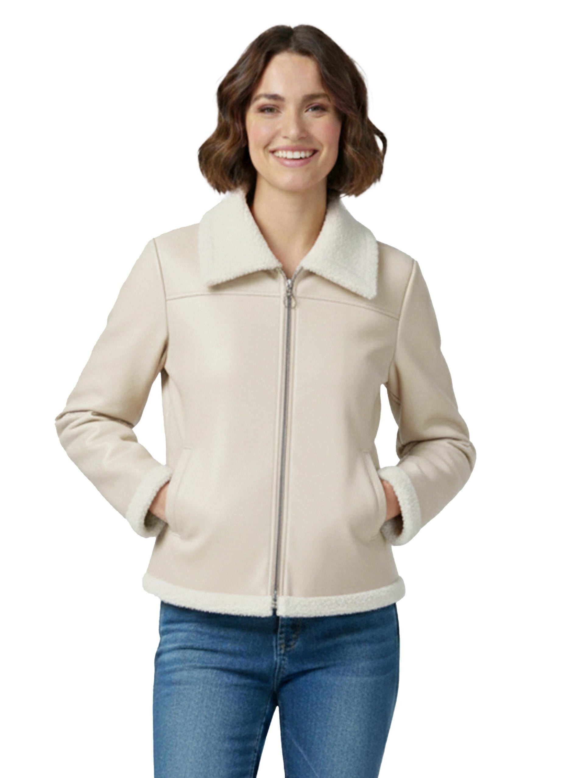 Beige Leather Jacket With Fure Design
