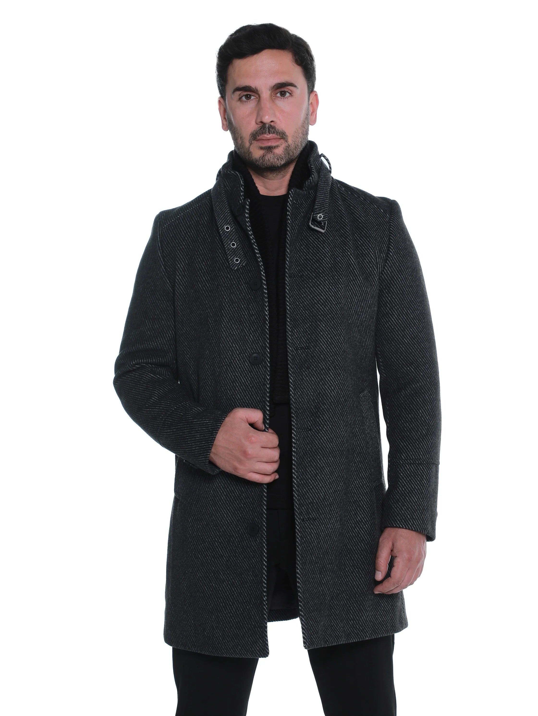 Black Buttoned Coat With Side Slanted Pockets