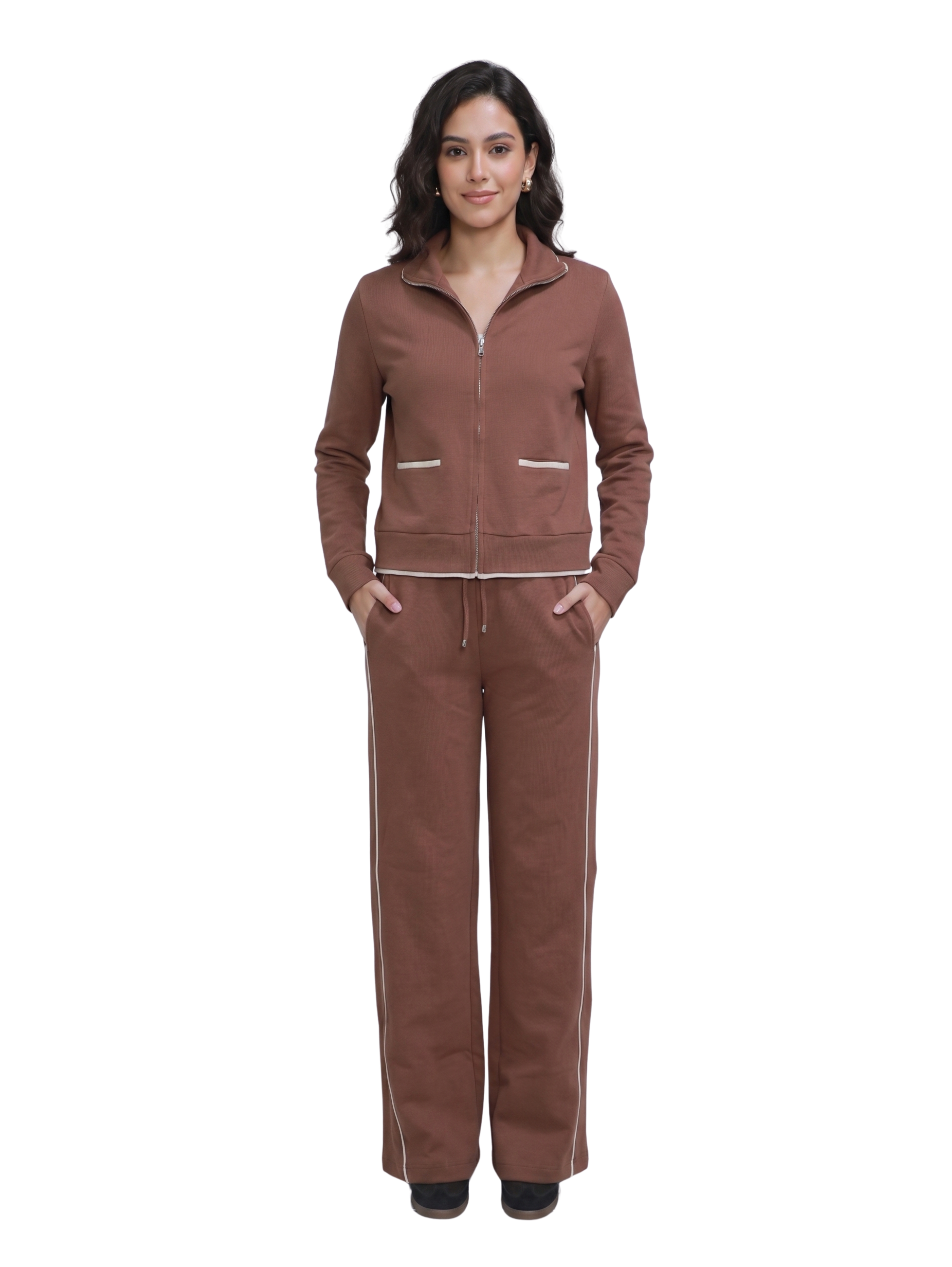 Two Piece Set Brown Zip-Up Jacket With White Trimmed Wide Leg Pants