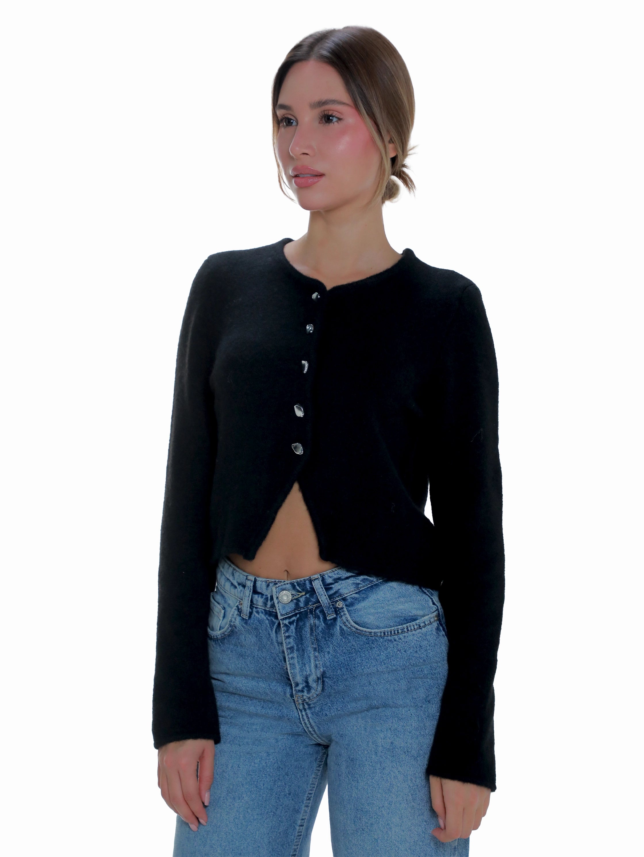 Black Warm Long Sleeve Pullover With Button
