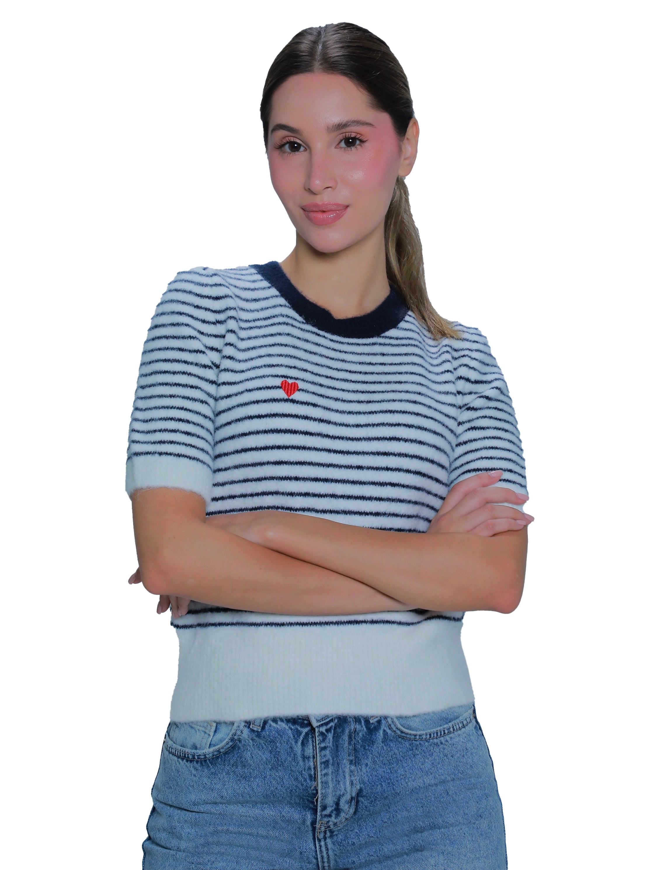 Short Sleeve Black Stripe Sweater With Heart Design