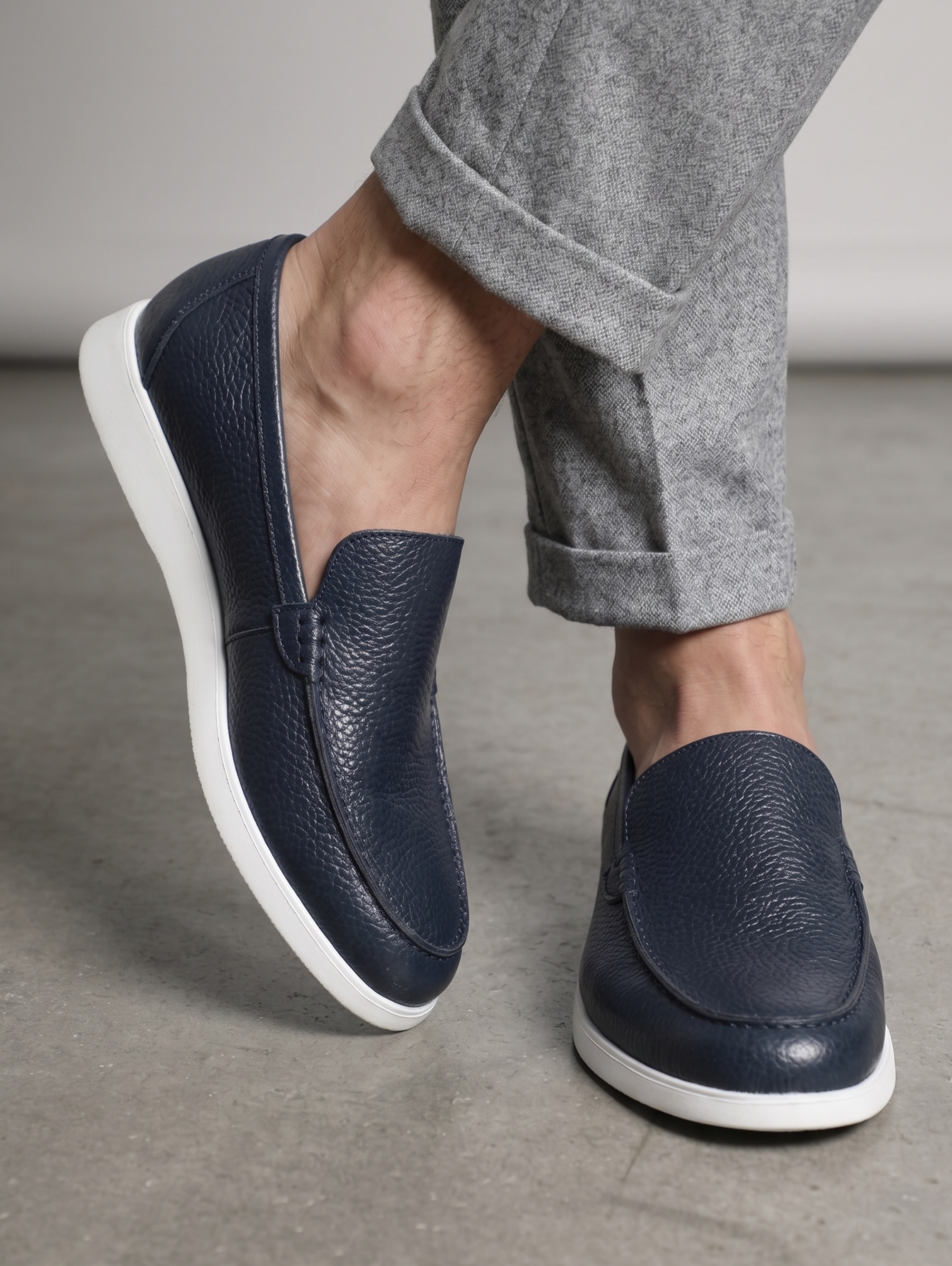 Navy Leather Slip-On Casual Shoes With White Sole