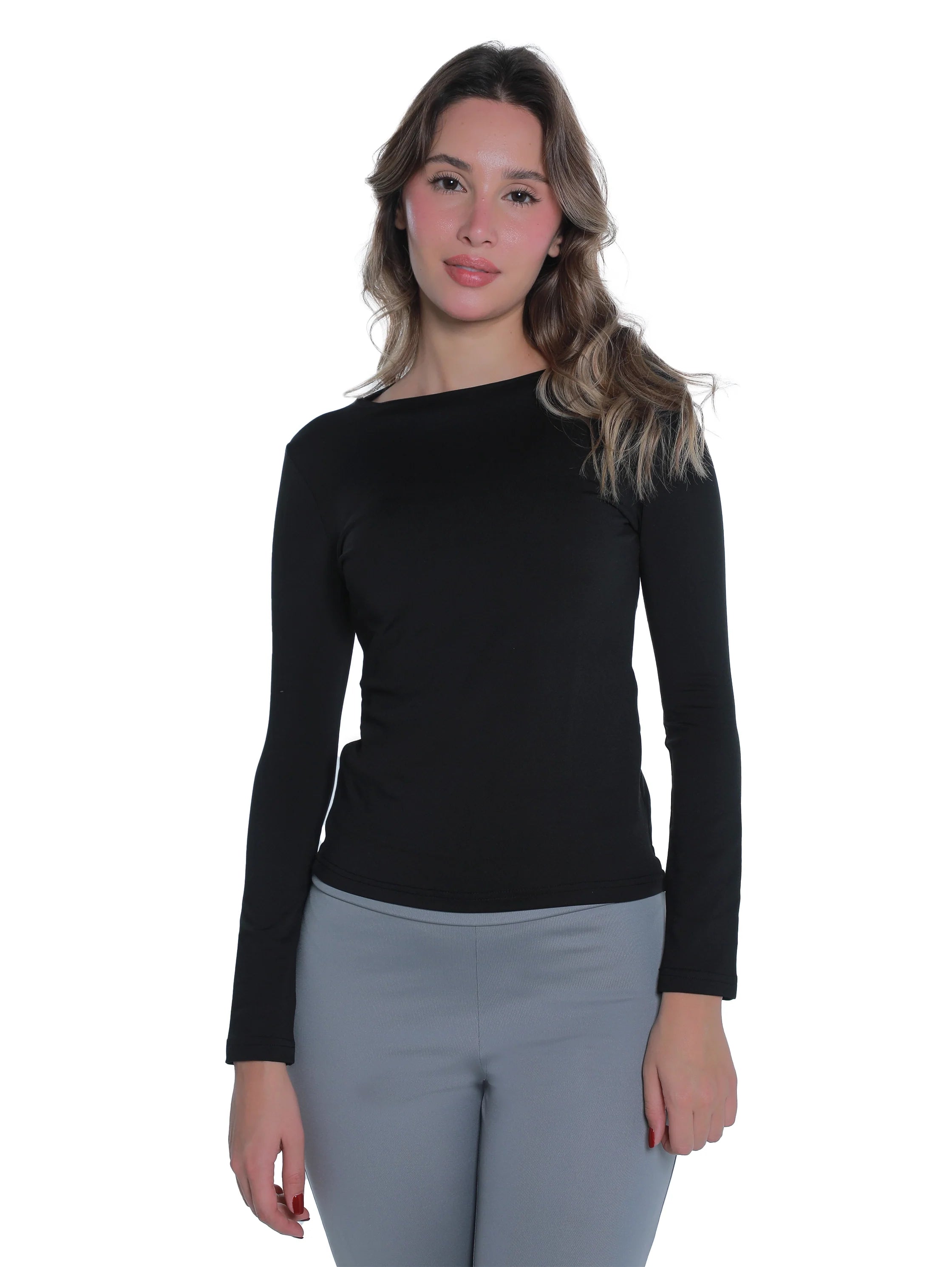 Long Sleeved Black Basic Top Round Neck