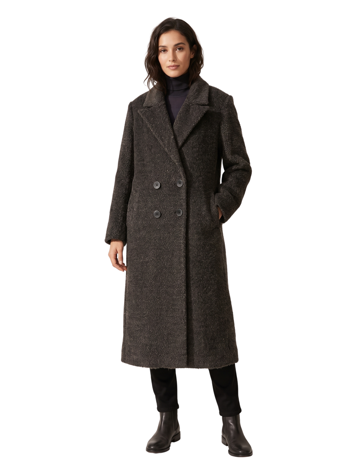 D.Grey Long Double-Breasted Charcoal Coat