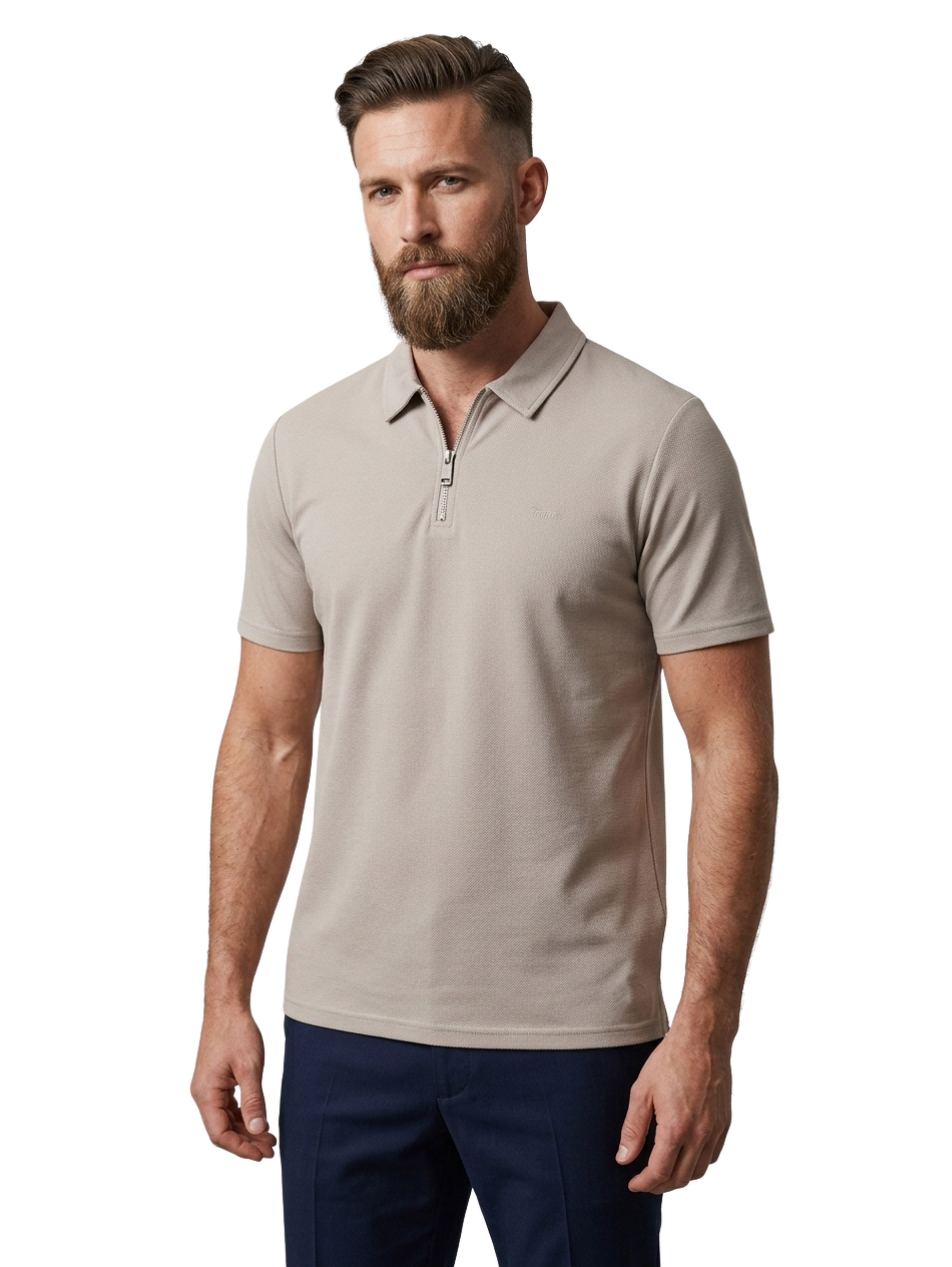 Grey Slim Fit Short Sleeved Polo With Zipper