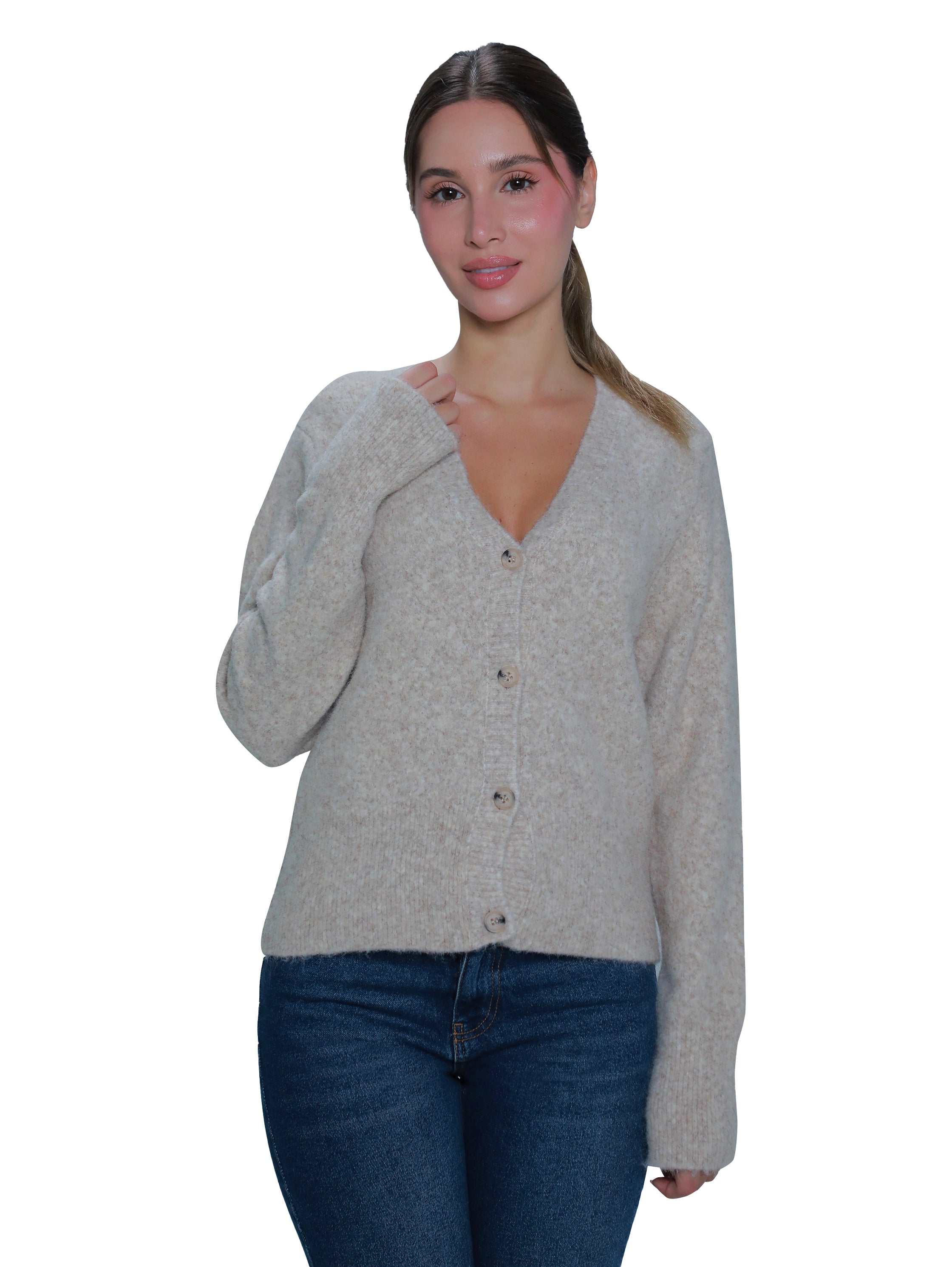 V-Neck Beige Long Sleeved Pullover