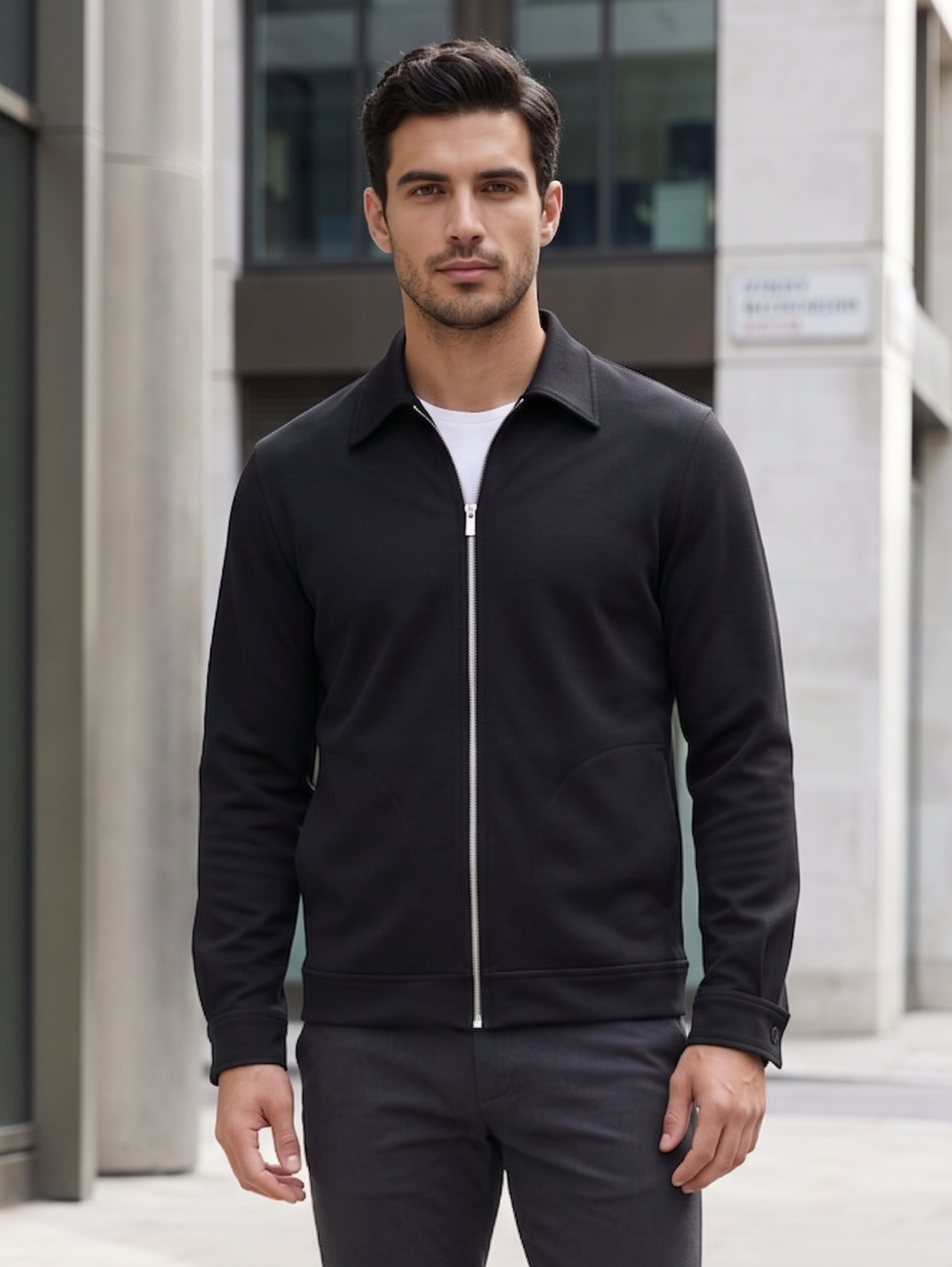 Casual Black Zip Up Jacket With Collar & Buttoned Cuffed