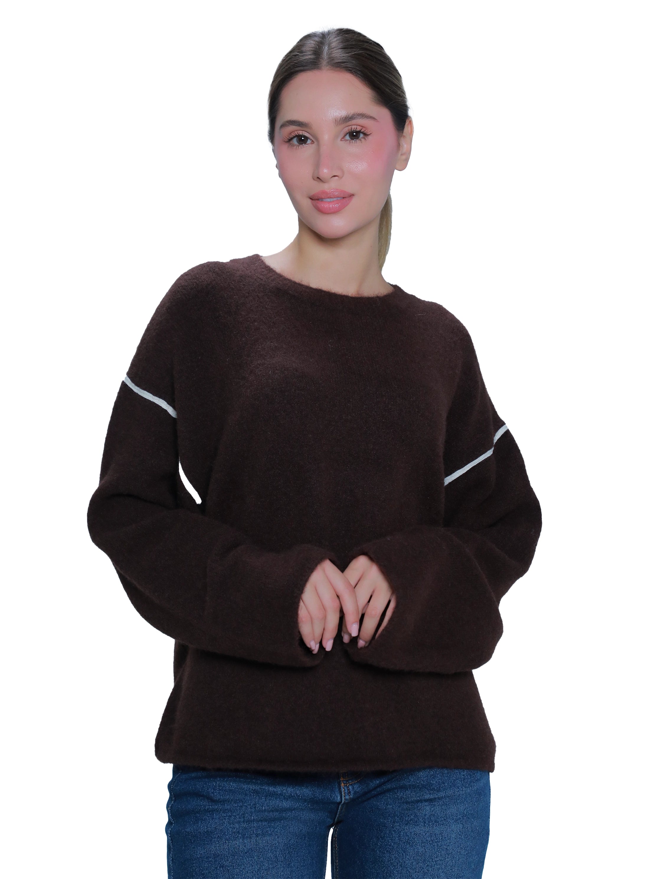 Round Neck Brown Pullover With Open Ended Sleeves