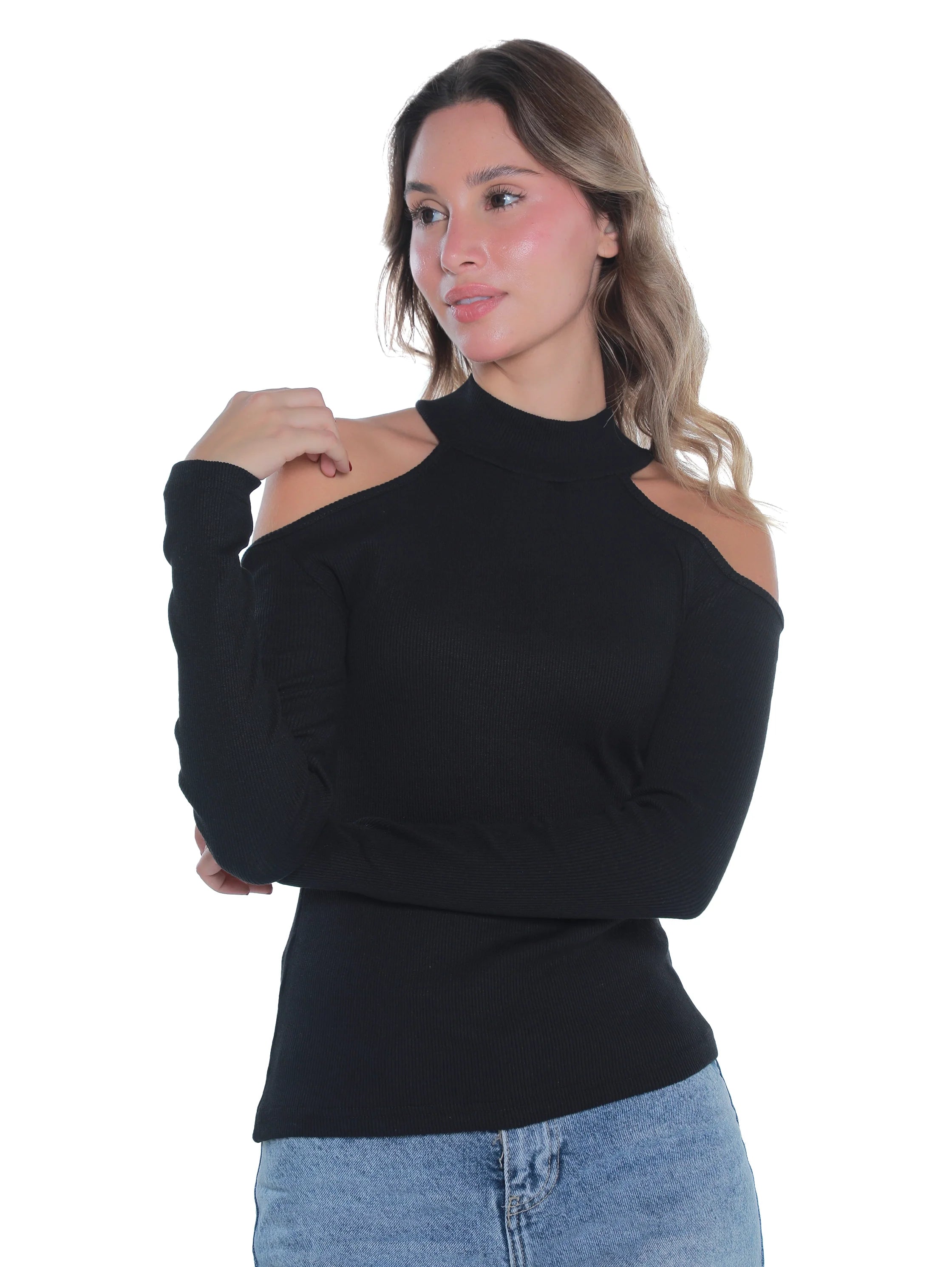Black Ribbed Top With Open Shoulder