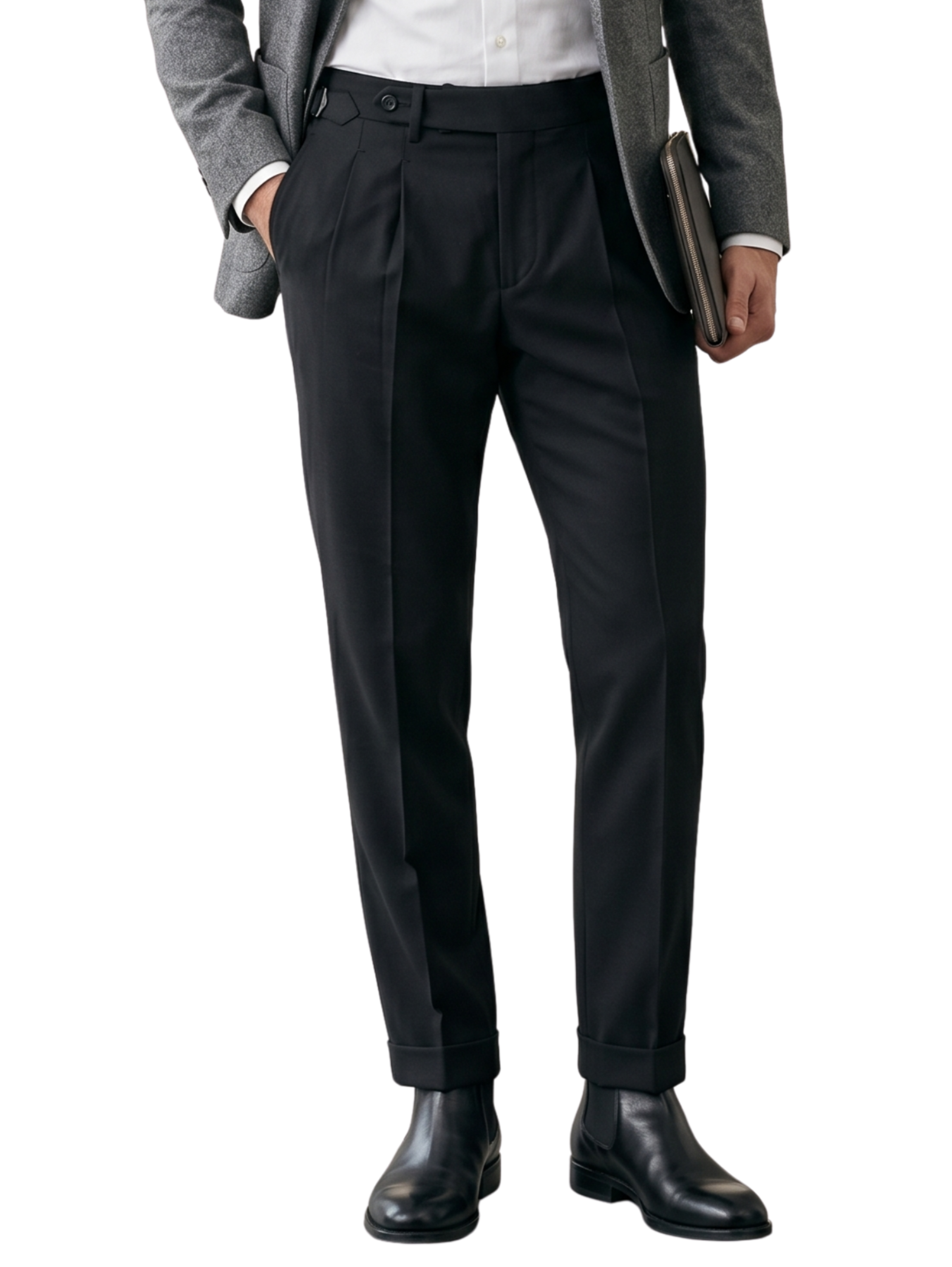 Classic Black Double-Pleated Cuffed Pants