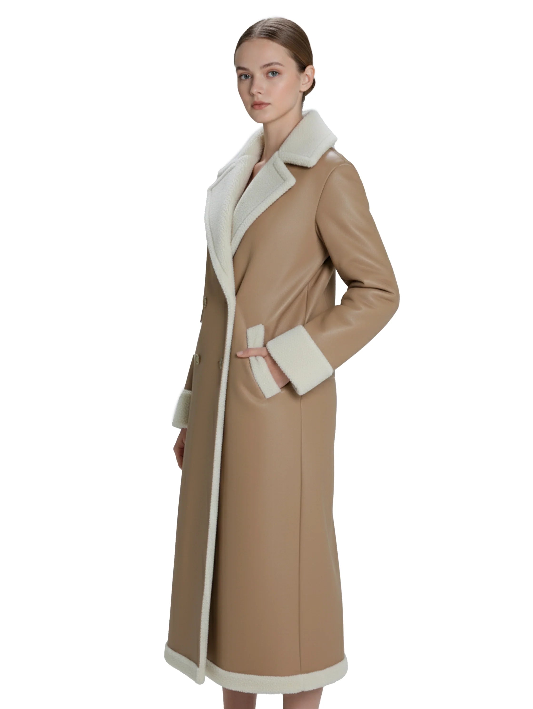 Brown Double-Breasted Long Coat With Lapel Collar