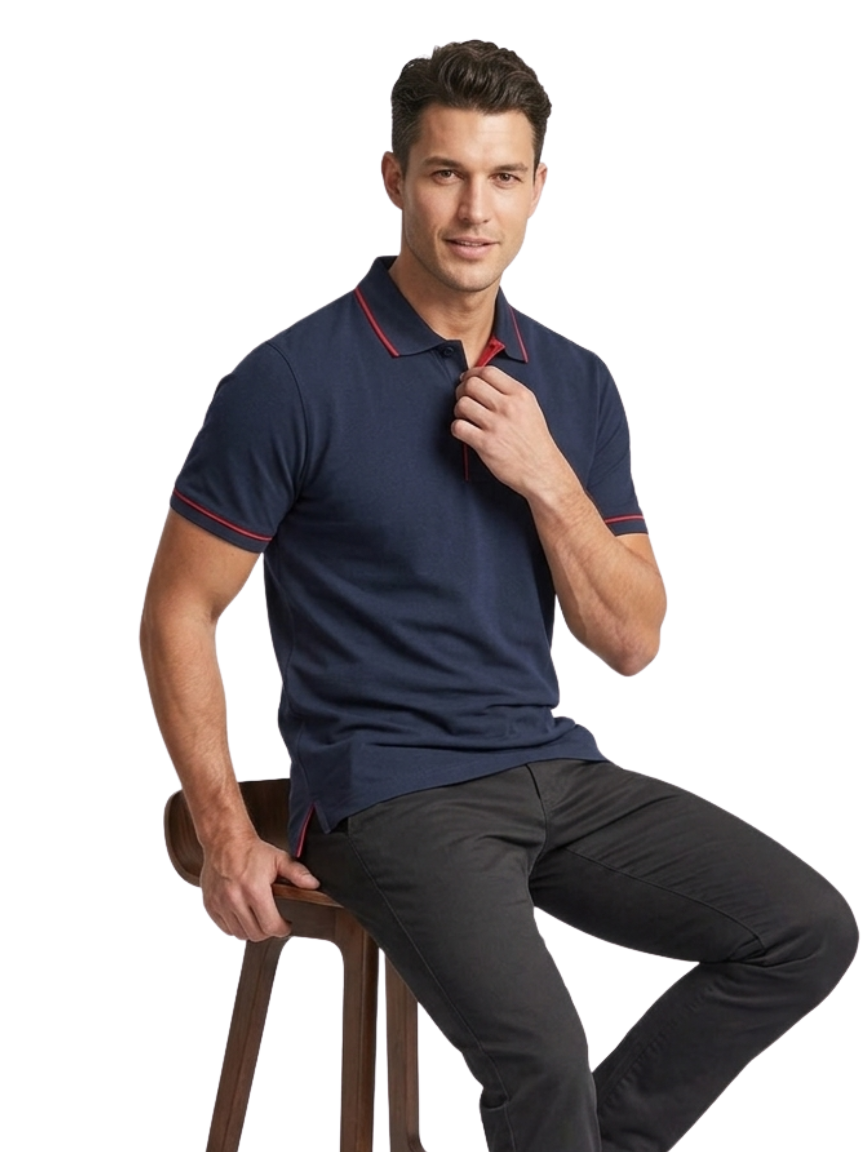 Navy Slim Fit Polo With Striped Red Collar