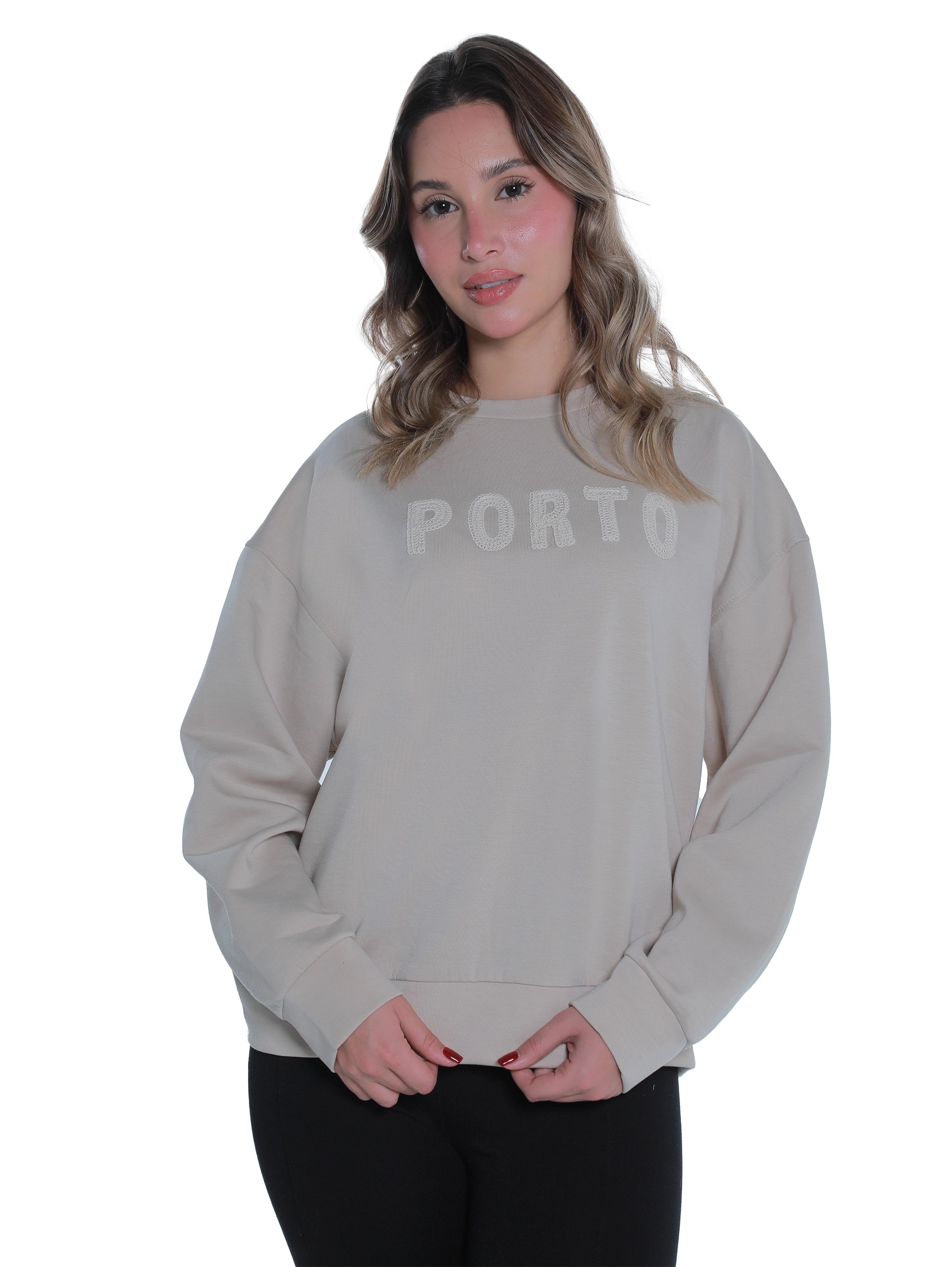 Round Neck Beige Sweater With "Porto" Front Design