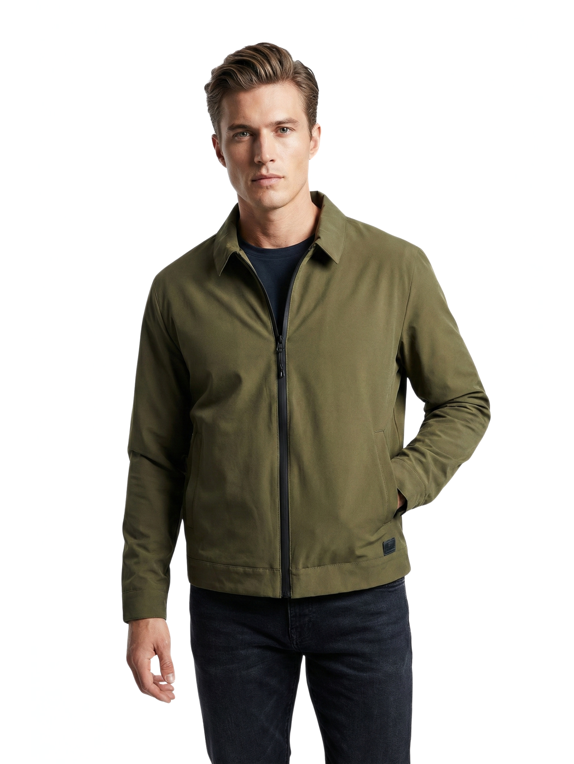 Long Sleeve Olive Zippered Jacket With Collar