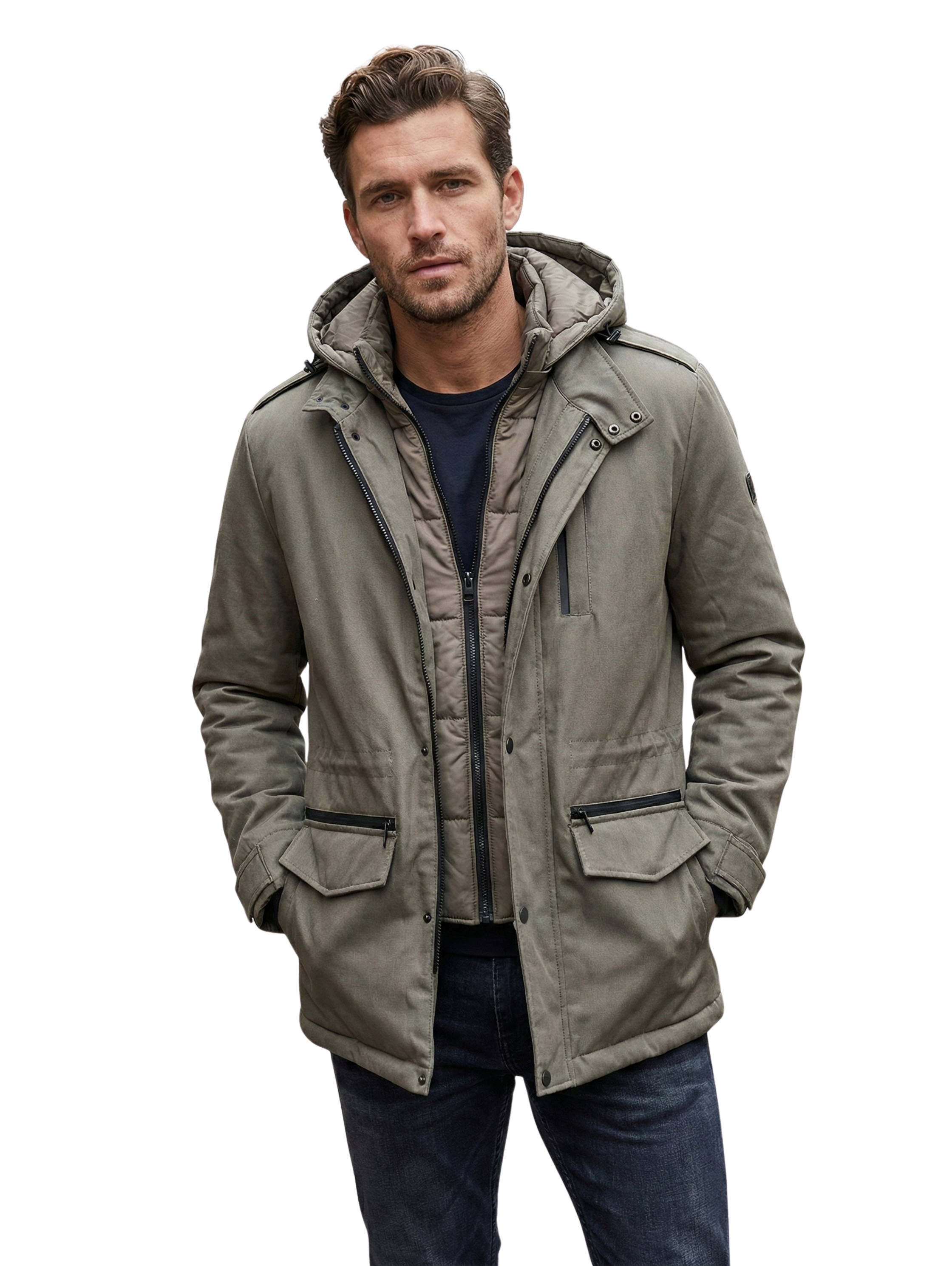 Damat Long Sleeve Fild Double Layer Beige Hooded Jacket