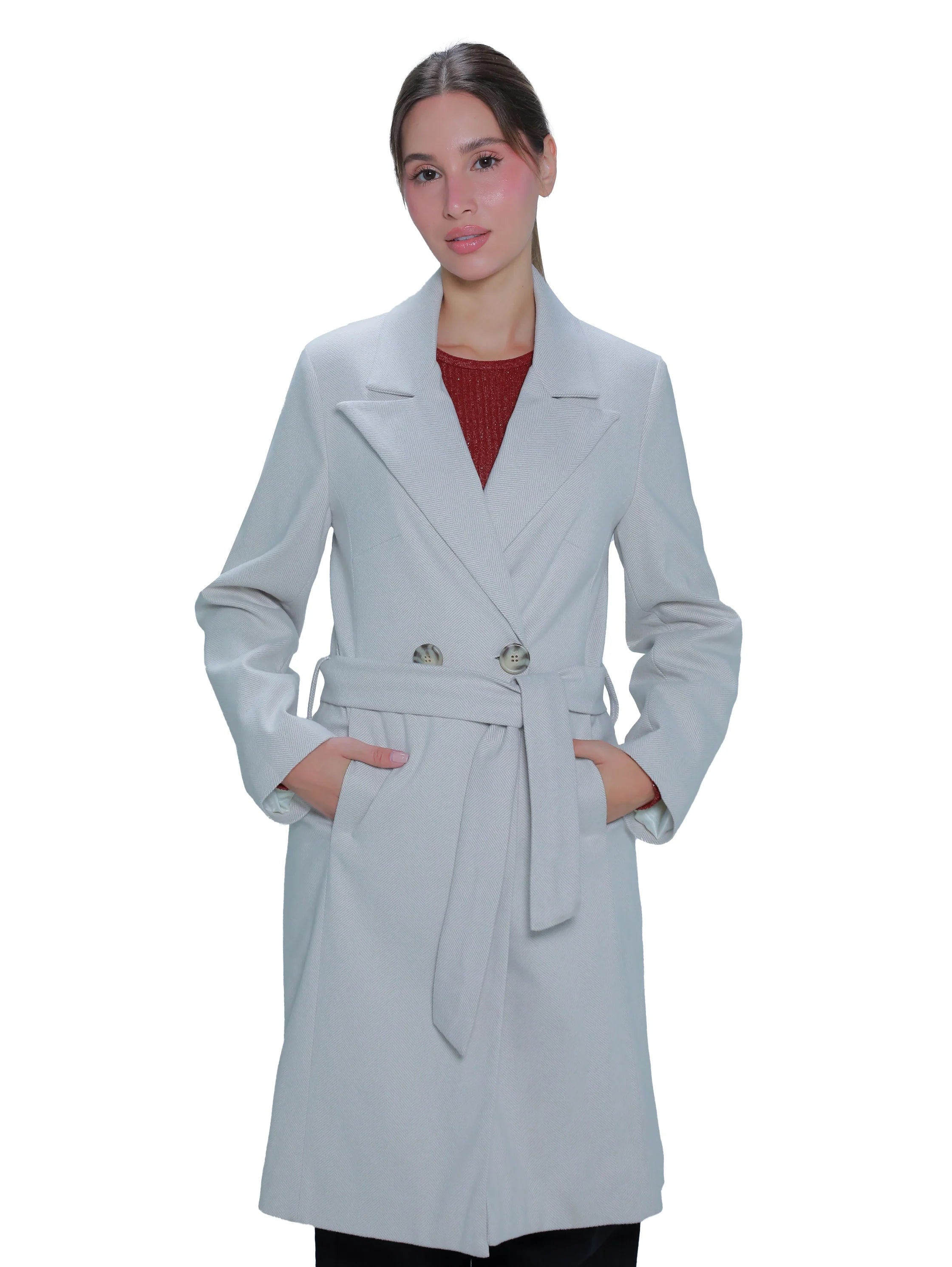 Light Beige Belted Knee Coat