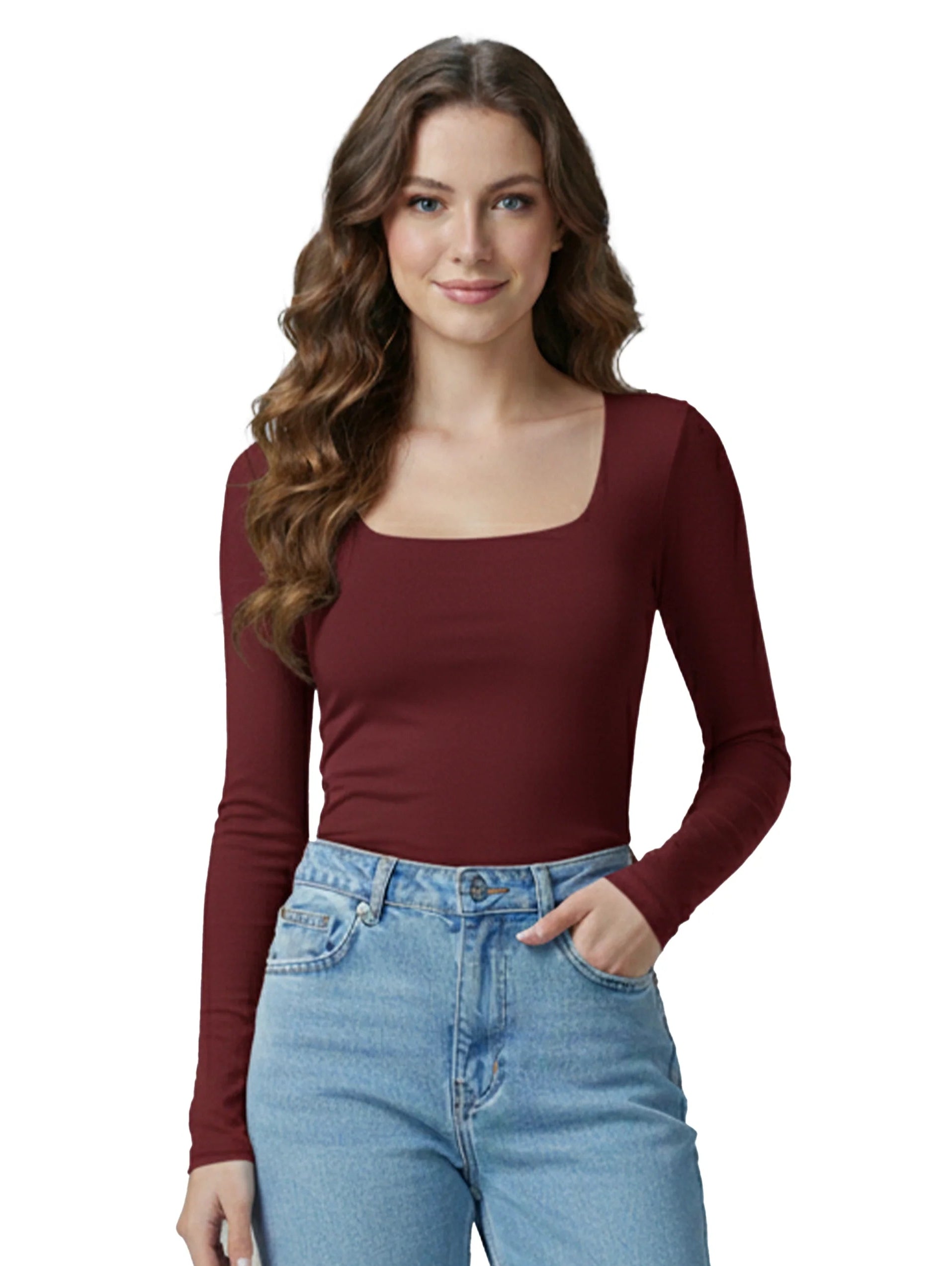 Long Sleeved Wine Open Square Neck Basic Top